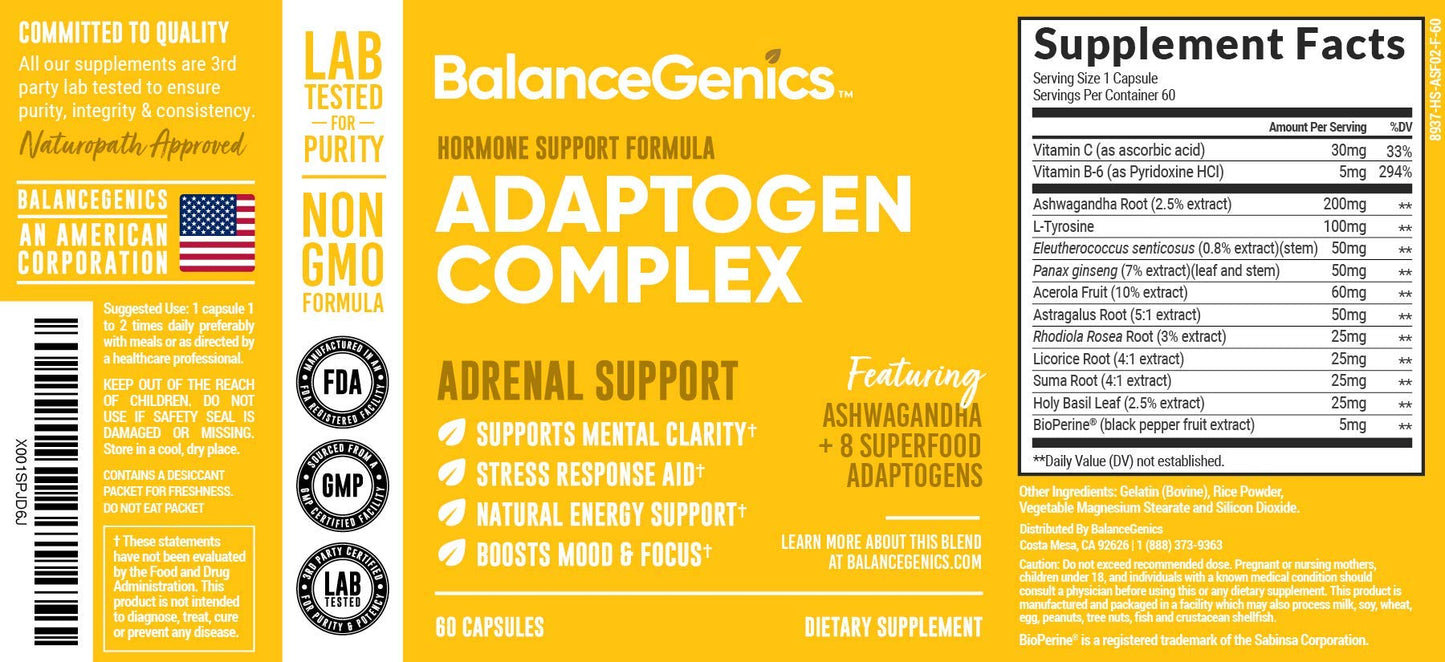 BalanceGenics Adrenal Support Supplement with Ashwagandha, Holy Basil, Rhodiola Rosea 60 Capsules