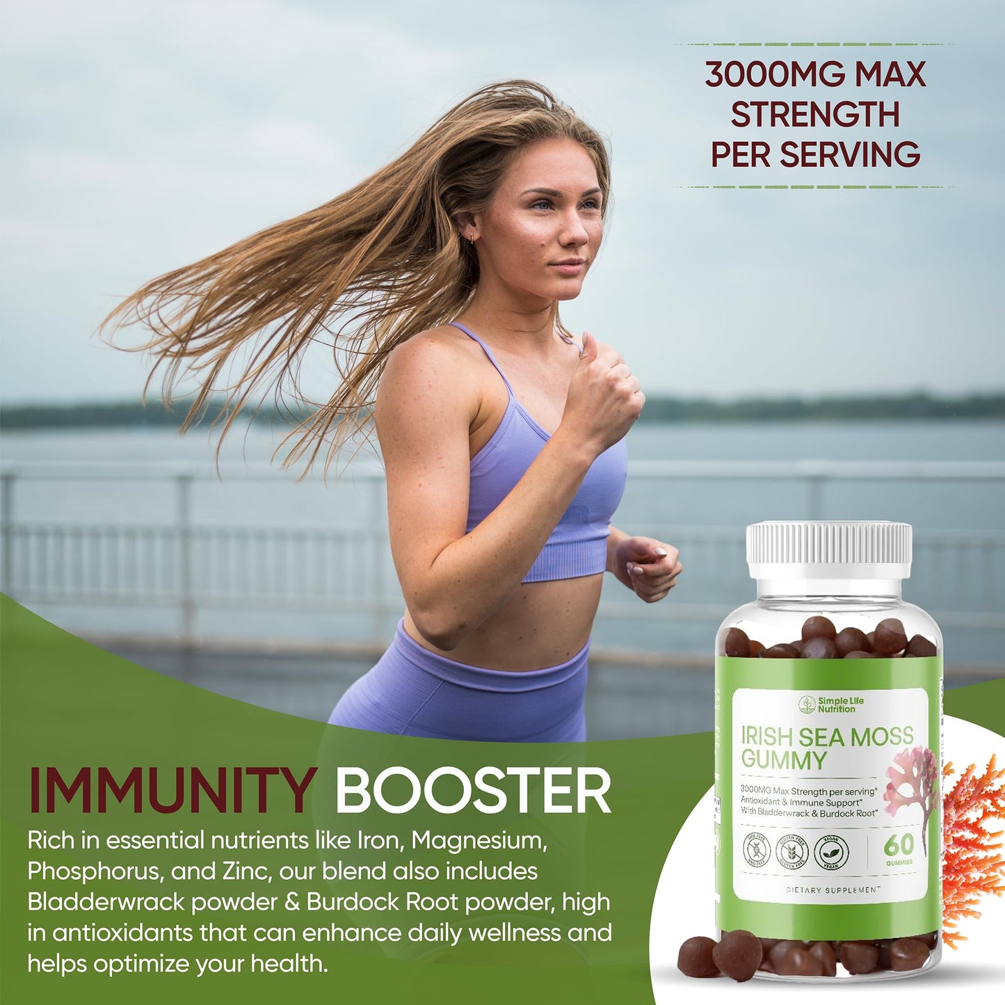 Simple Life Nutrition Organic Irish Sea Moss Gummies with Burdock Root & Bladderwrack, 60 Gummies