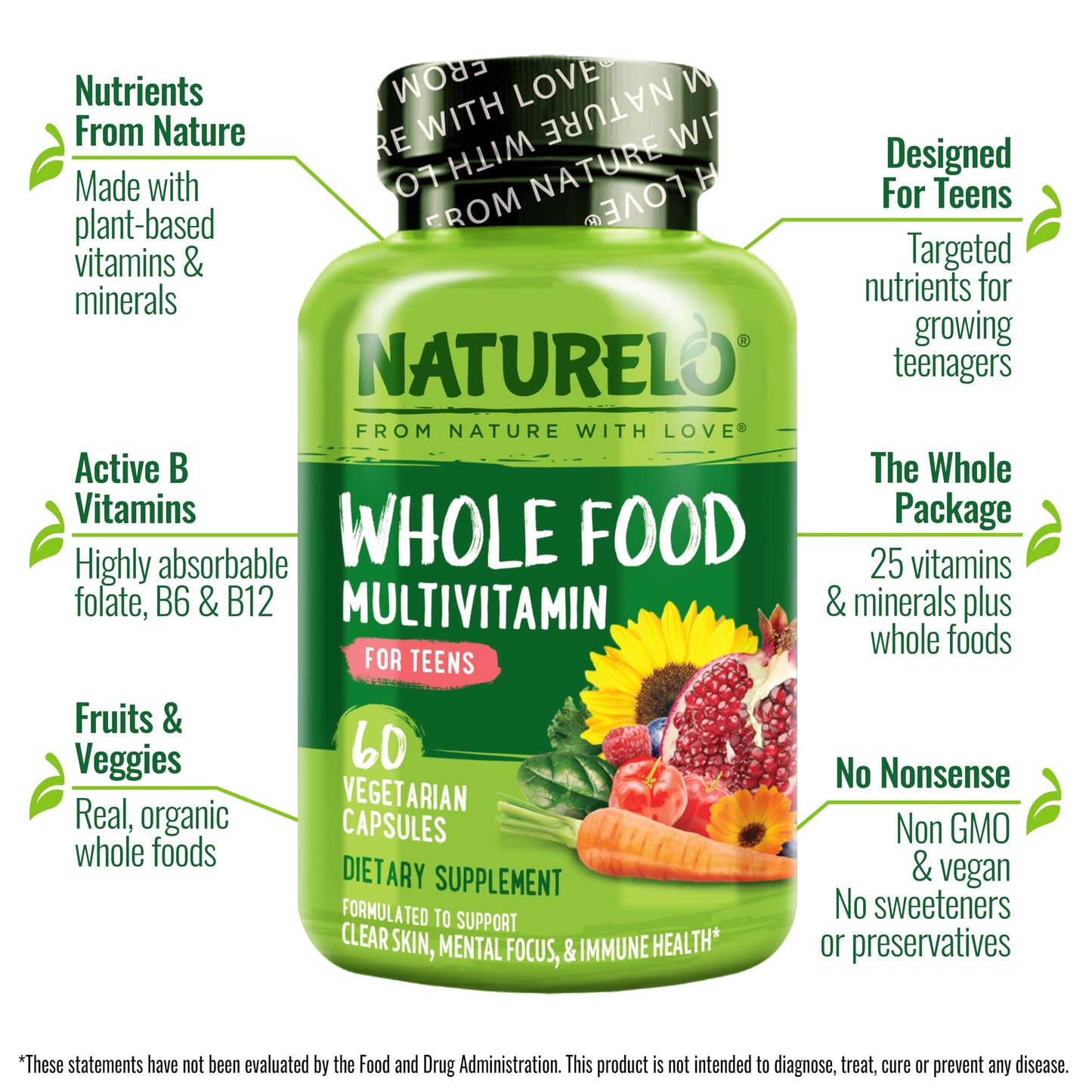 NATURELO Multivitamins for Teenage Girls/Boys, 60 Capsules