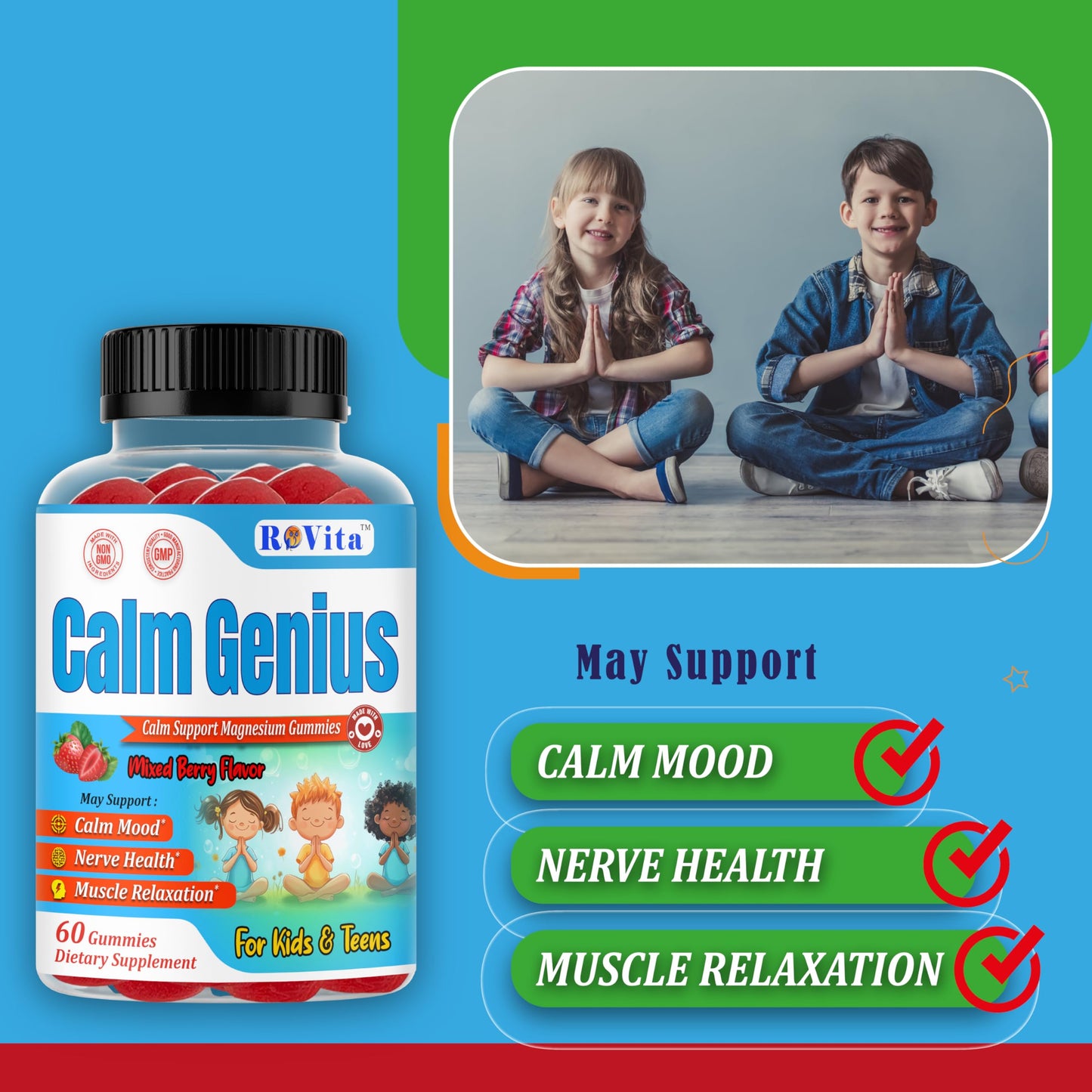 ROVita Calm Genius Kids Magnesium Gummies, Magnesium Citrate Kids Supplement for Relaxation & Daily Wellness, 60 Gummies