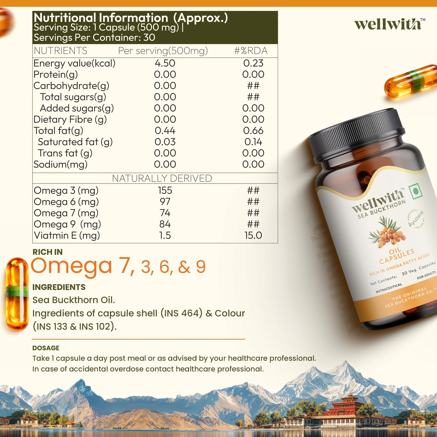 Wellwith Himalayan Sea Buckthorn Berry Oil 500mg Capsules, 90 Capsules