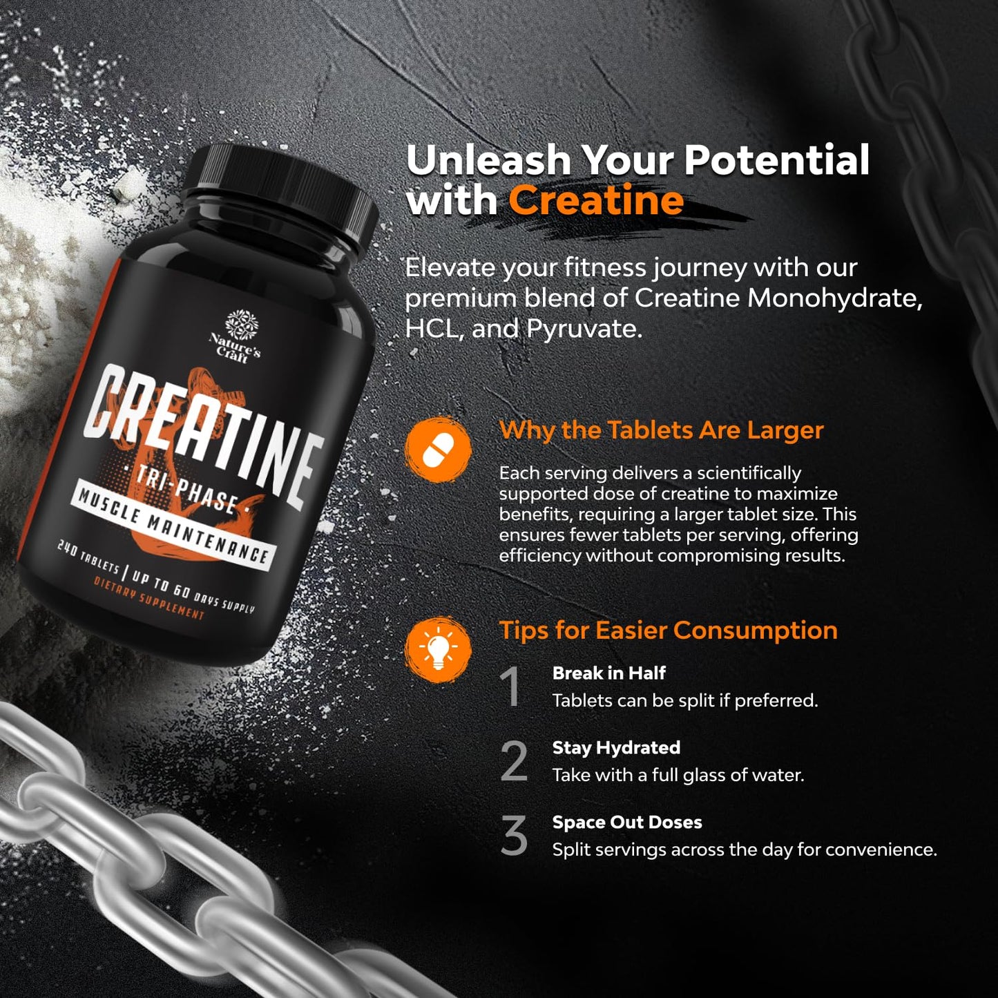 Natures Craft Creatine Pills 5g - Creatine Monohydrate, Creatine HCL & Pyruvate, 240 Tablets