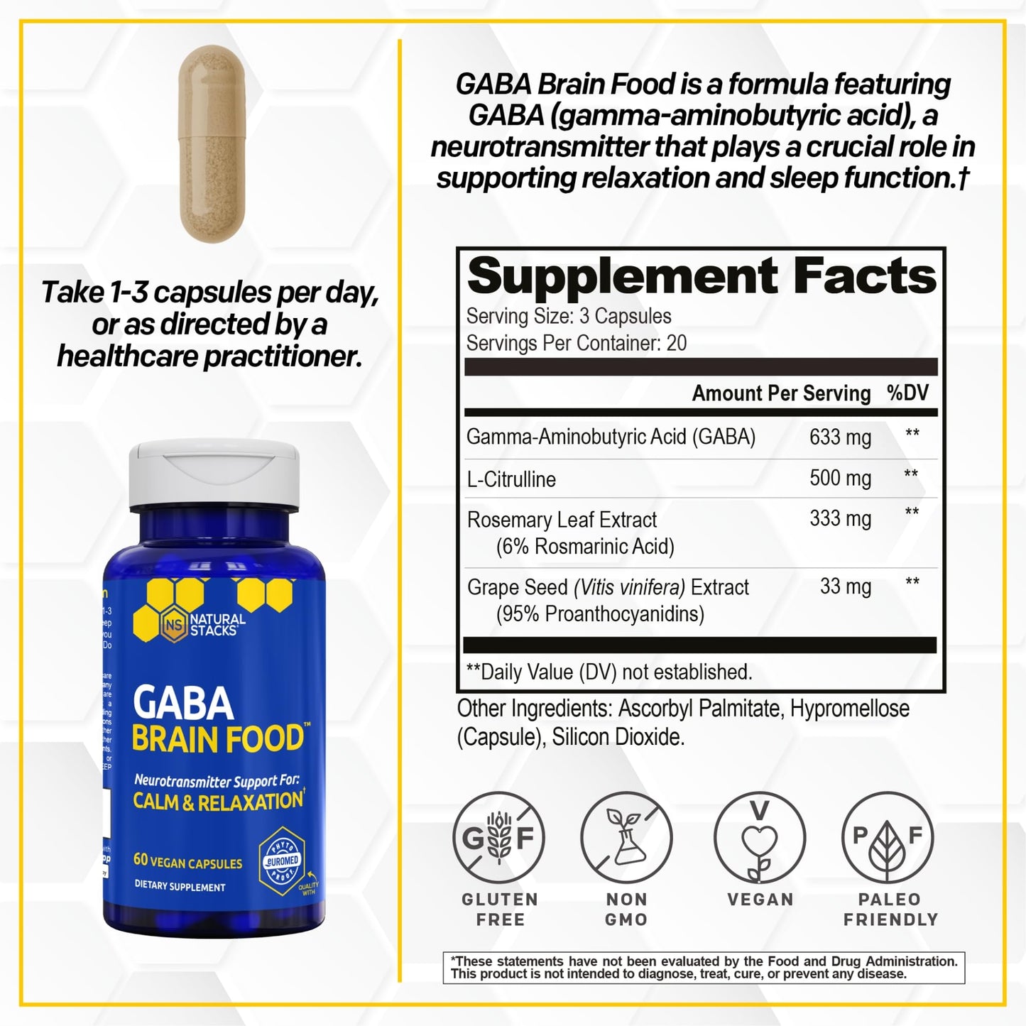 NATURAL STACKS GABA Brain Food, Sleep & Relaxation Support with L-Citrulline Capsule 60 Count