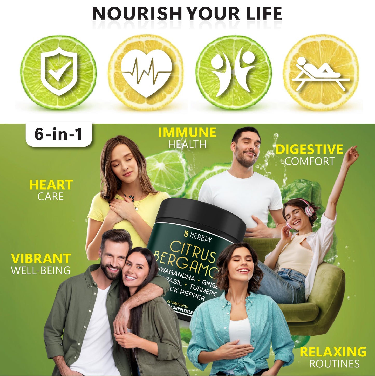 Herbpy 6in1 Citrus Bergamot Supplement with Ashwagandha, Holy Basil, Turmeric & Ginger Root Capsules, 120 Count
