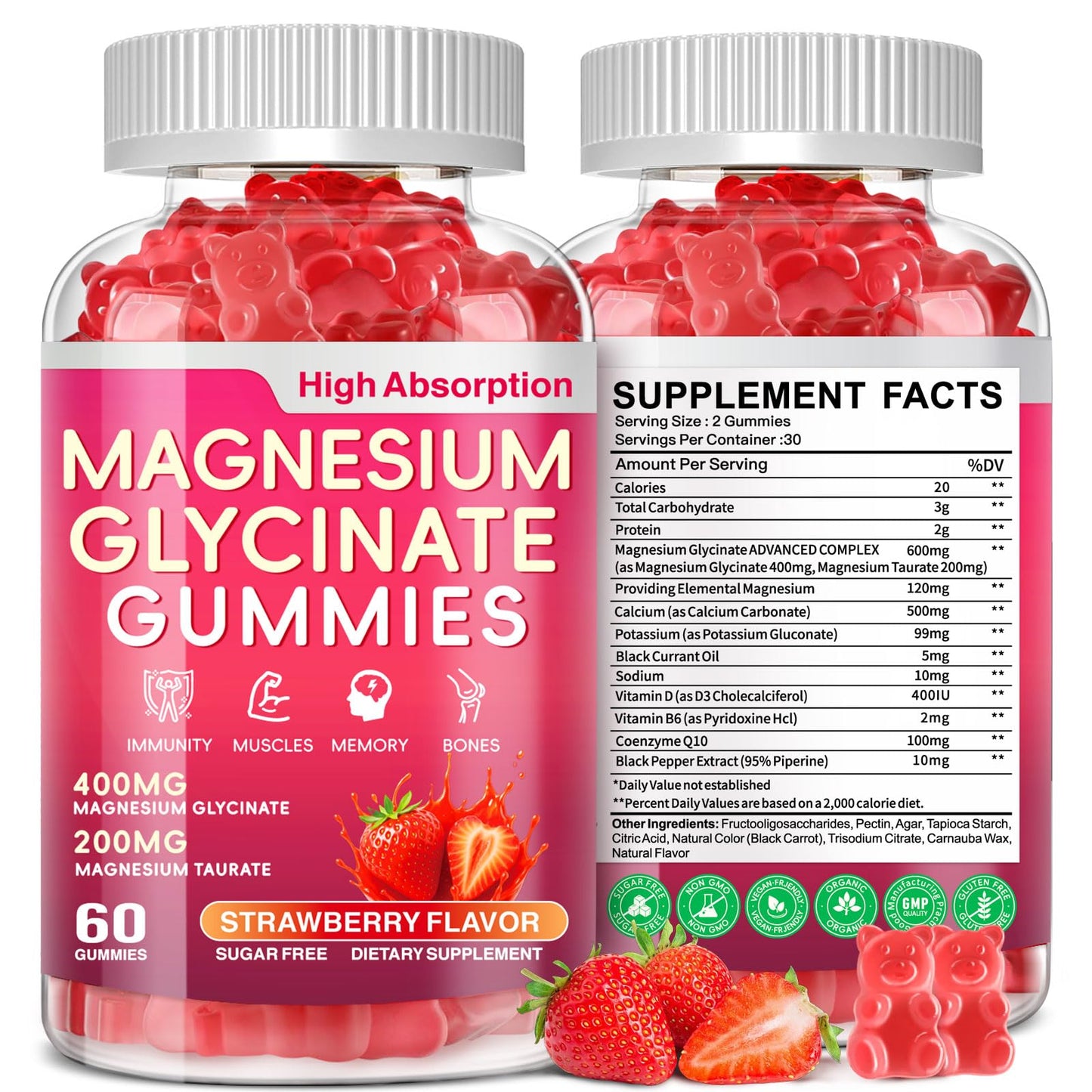 Biokynt High Absorption Magnesium Glycinate Complex Gummies 600mg, Sugar-Free Chewable with Vitamin D3, B6 & CoQ10, Vegan Non-GMO, 60 Gummies
