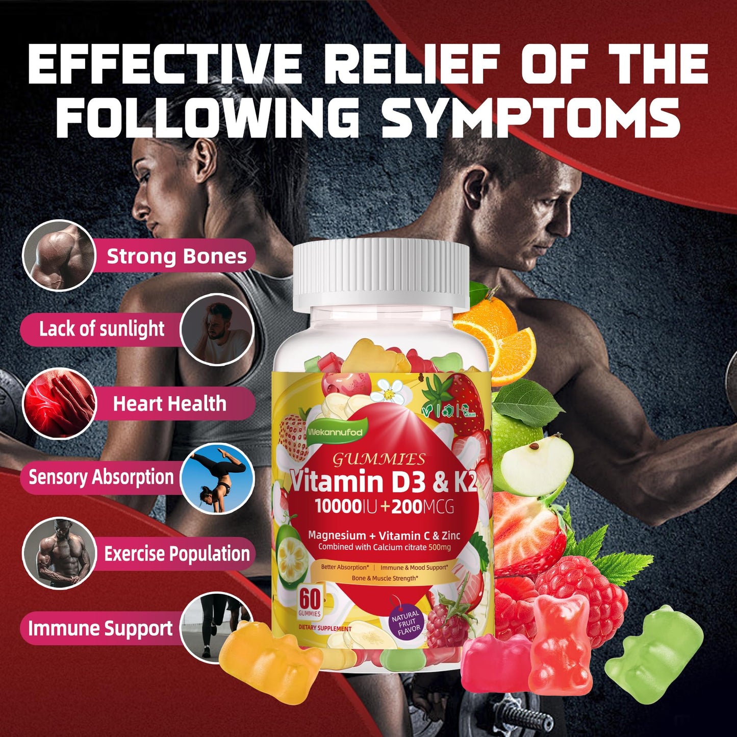 Wekannufod Sugar-Free Vitamin D3 K2 Gummy 60 Gummies