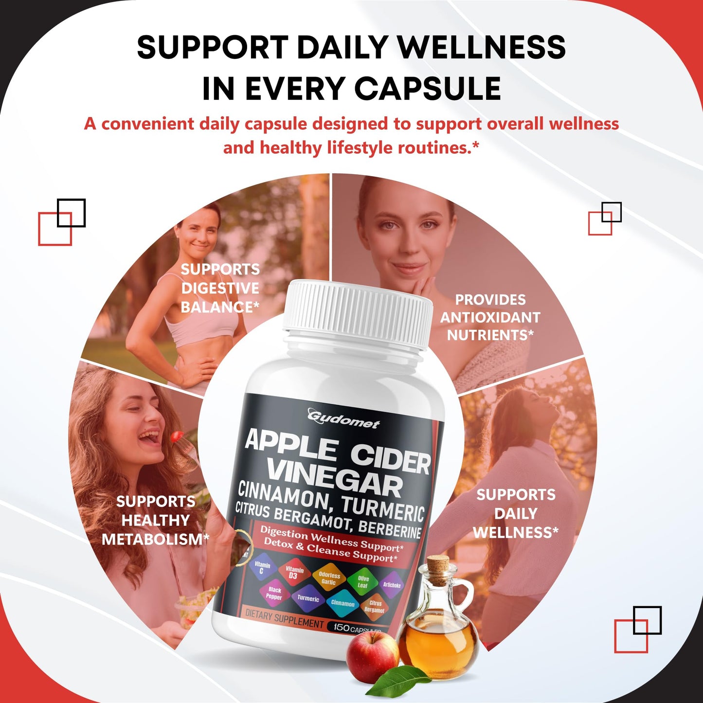 GUDOMET Apple Cider Vinegar Cinnamon Turmeric Odorless Garlic Olive Leaf Artichoke Black Pepper Capsules, 150 Count