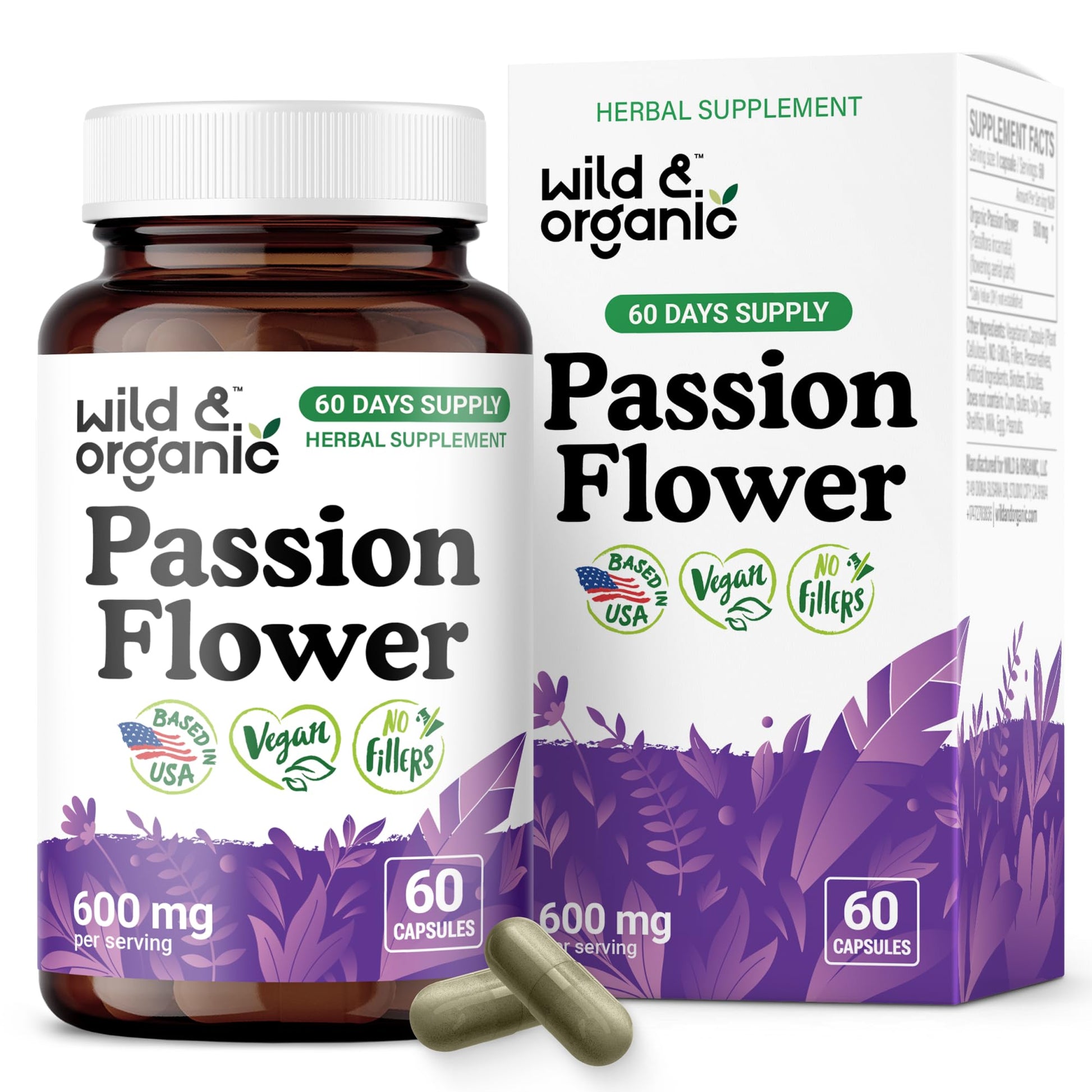 Wild & Organic Passion Flower Capsules 600 mg - Relaxation & Mood Support - Passiflora Incarnata Herb - Vegan, No Fillers, Non-GMO - 60 Count