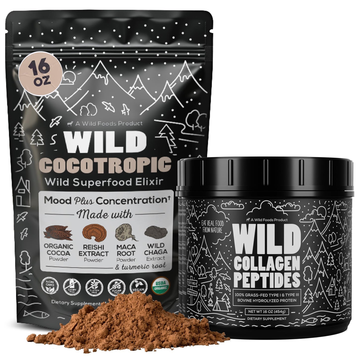 Wild Foods Cocotropic Organic Mushroom Cacao Mix & Collagen Peptides Bundle Powder 32