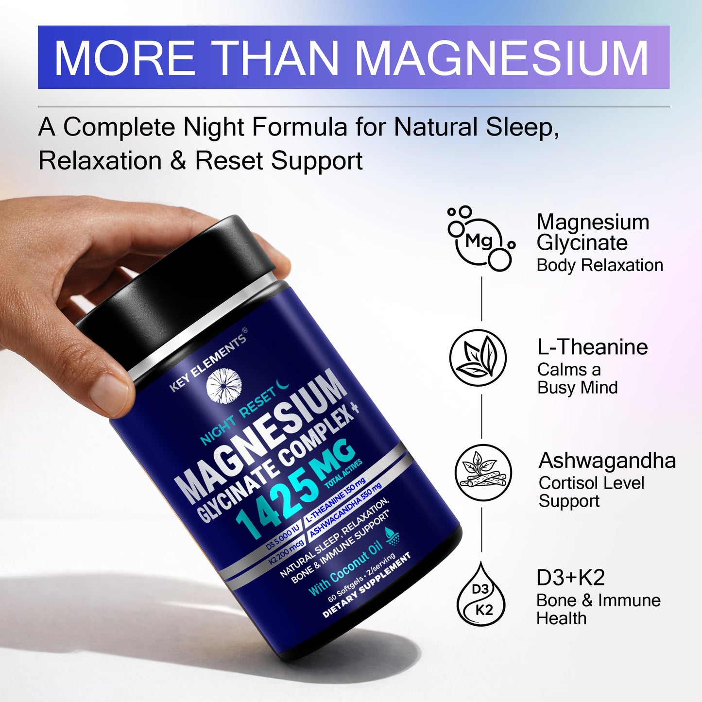 KEY ELEMENTS Magnesium Glycinate Complex 1425mg with Vitamin D3 5000 IU & K2 MK-7 200mcg Softgels, 60 Count