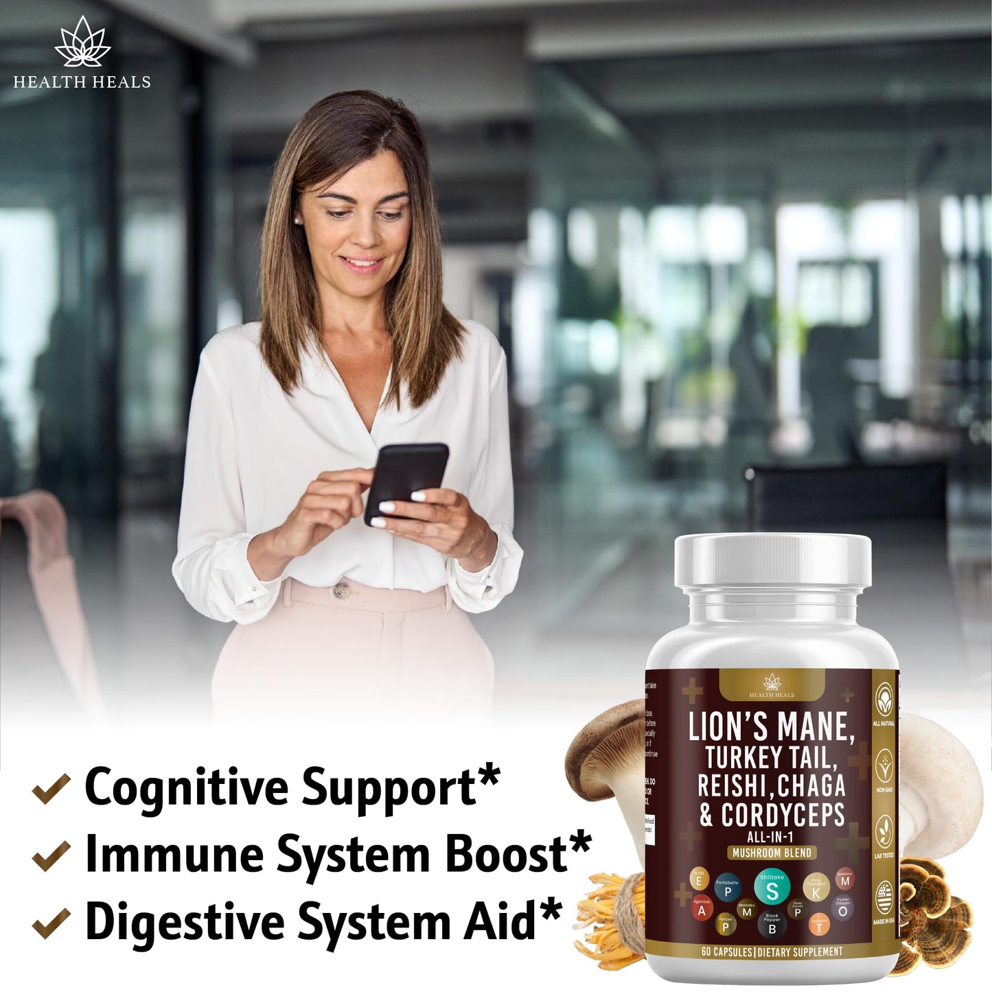 Health Heals Mushroom Supplement with Lion's Mane, Turkey Tail, Reishi, Cordyceps, Chaga, Marshmallow Root Capsules, 120 Count