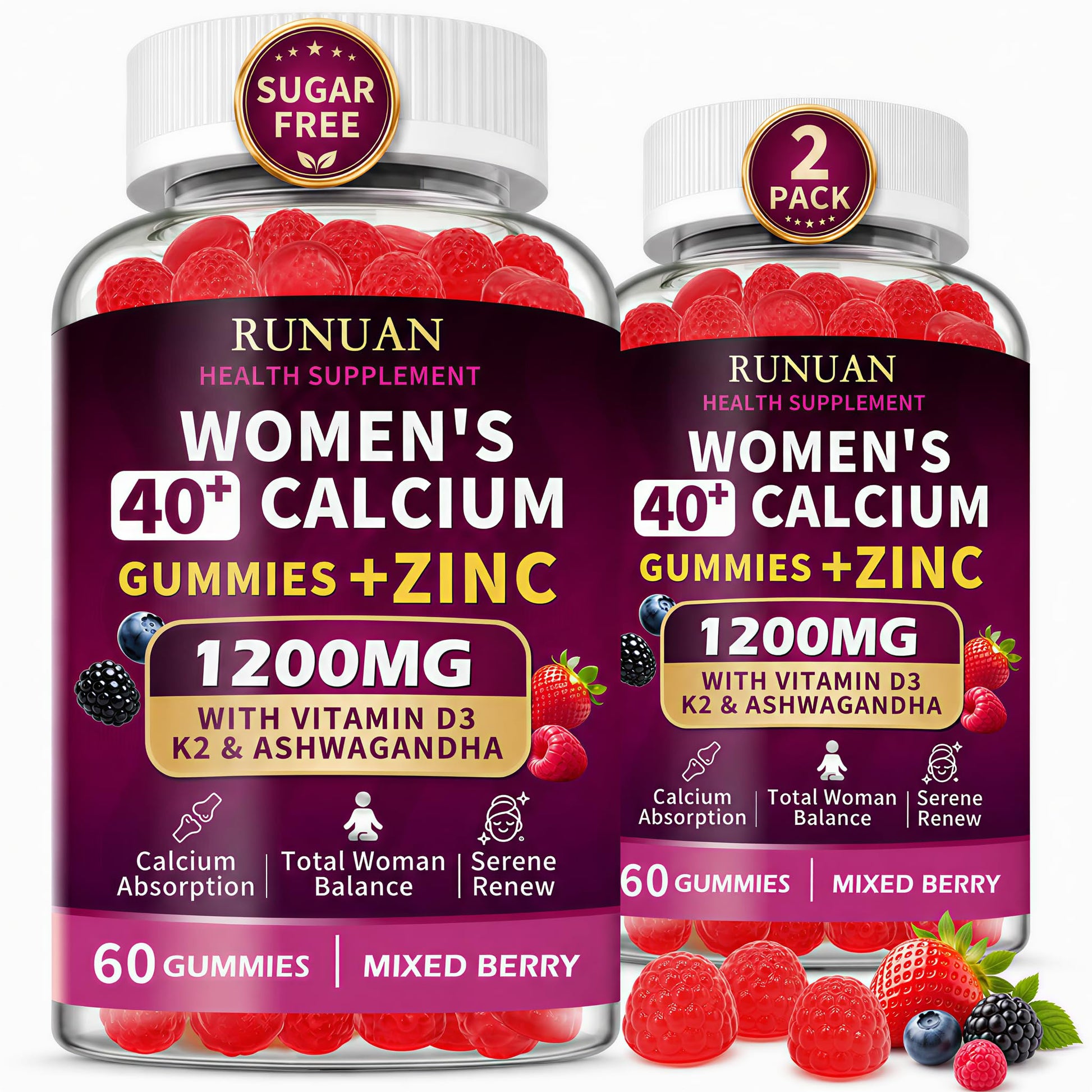 RUNUAN 40+ Women's Calcium Citrate Gummies 1200mg with Magnesium Zinc D3 K2 B12 B6, 120 Gummies