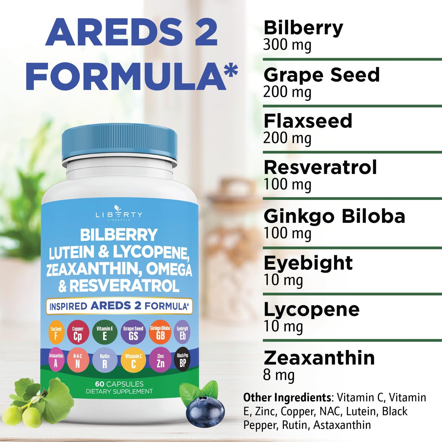 Liberty Lifestyle Eye Health Vitamins with Bilberry, Lutein & Zeaxanthin, Lycopene, Resveratrol, Grape Seed Extract, Flaxseed Astaxanthin- AREDS 2 Capsule, 120