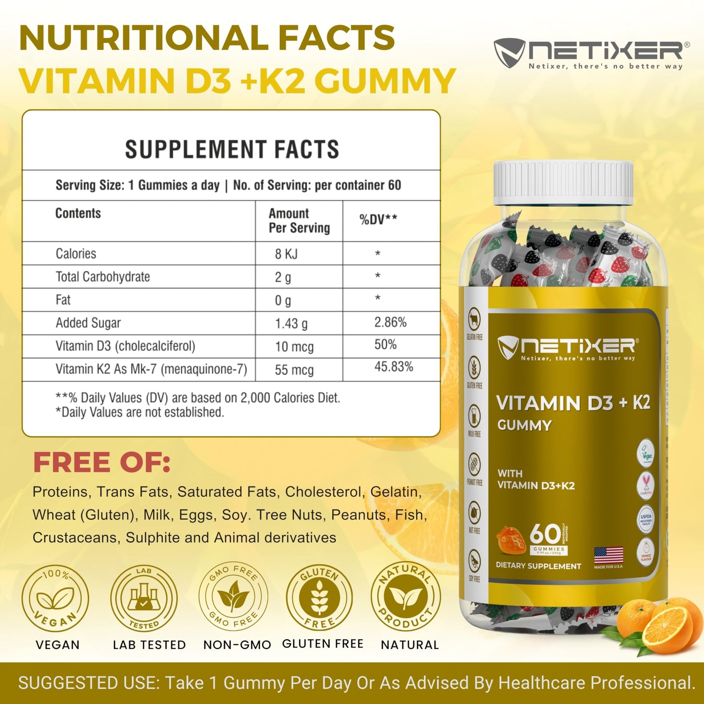 nETiXER Vitamin D3 K2 Gummies for Adults, 60 Count