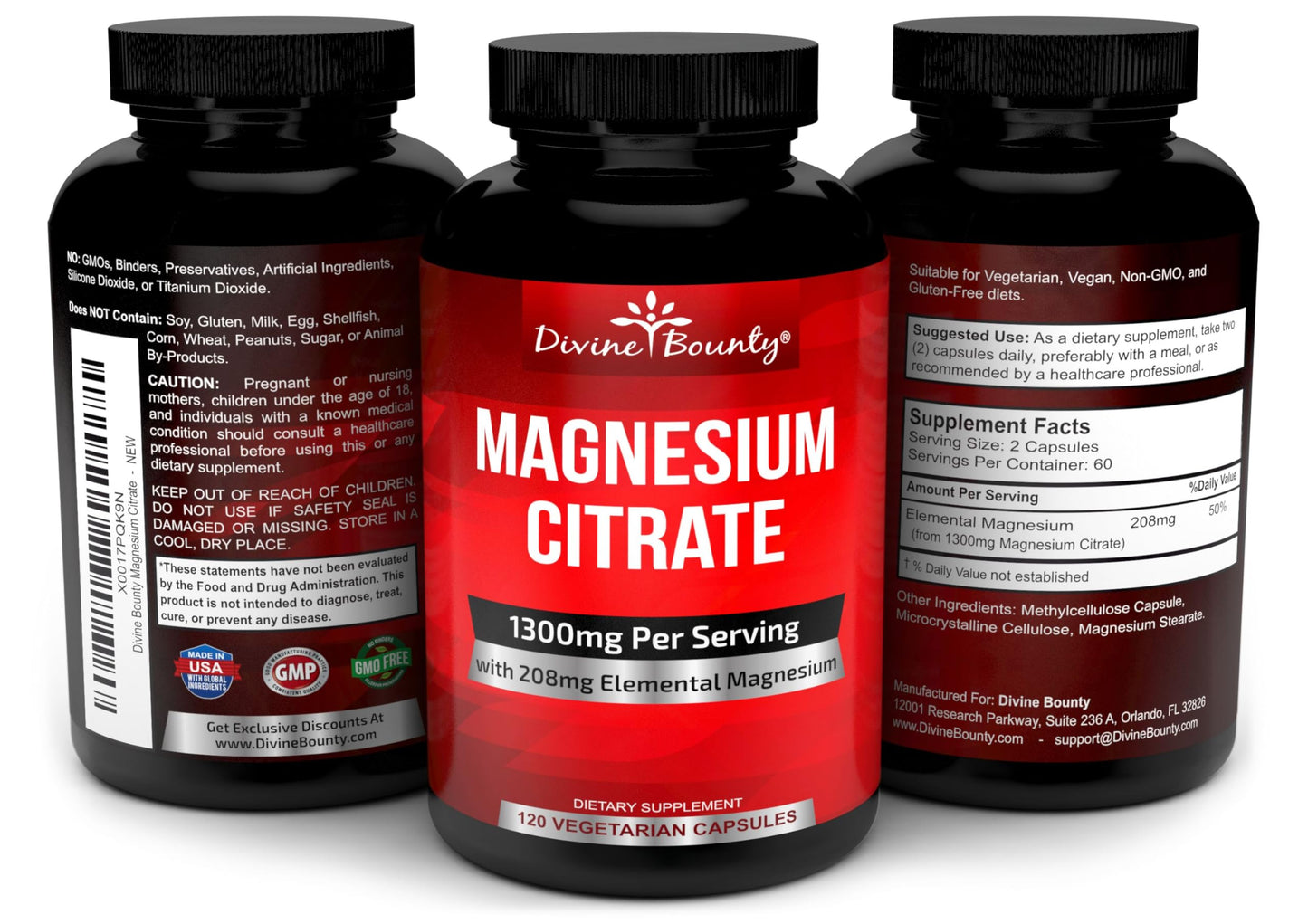 Divine Bounty Pure Magnesium Citrate Capsules 1300mg Elemental Magnesium, 120 Vegetarian Capsules