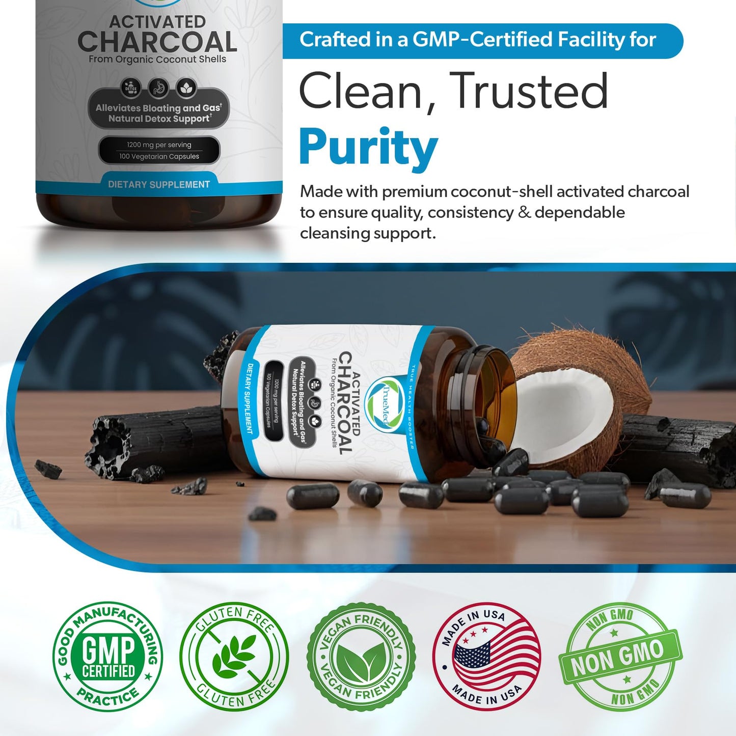 TRUEMED Activated Charcoal Capsules 1200mg, 100 Count