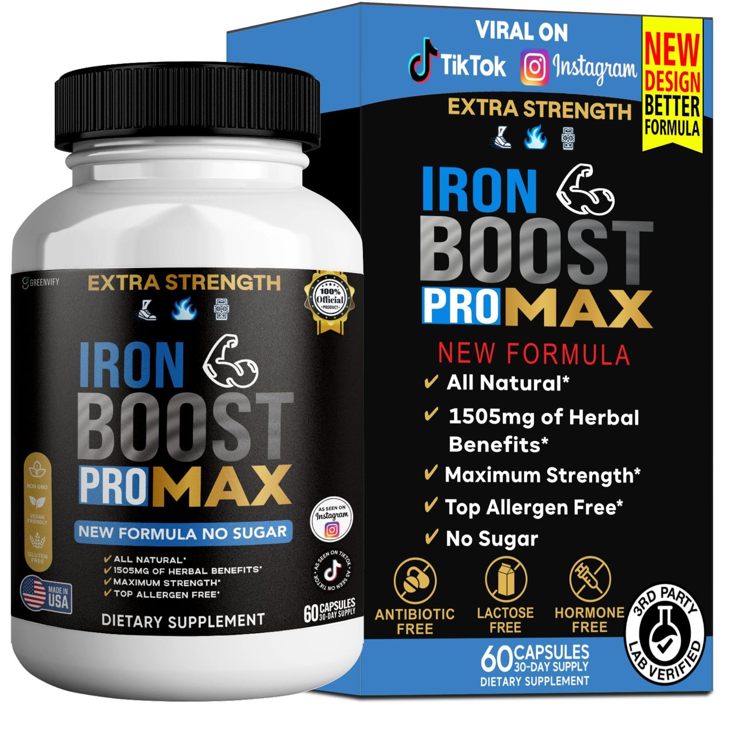 GREENVIFY Iron Boost Pro Max Extra Strength Dietary Supplement Organic Maca Root Blend 60 Capsules