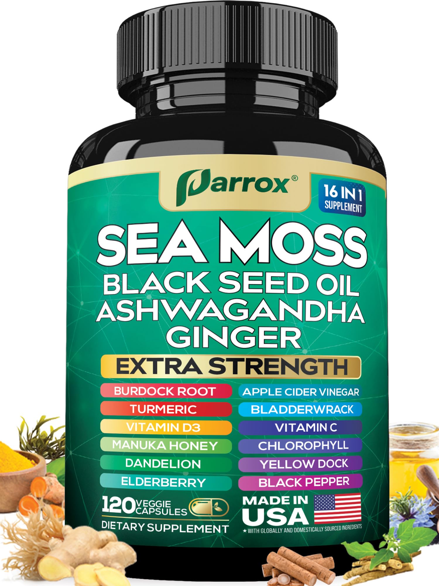 Parrox Sea Moss Black Seed Oil Supplement, 16-in-1 Ashwagandha, 120 Capsules