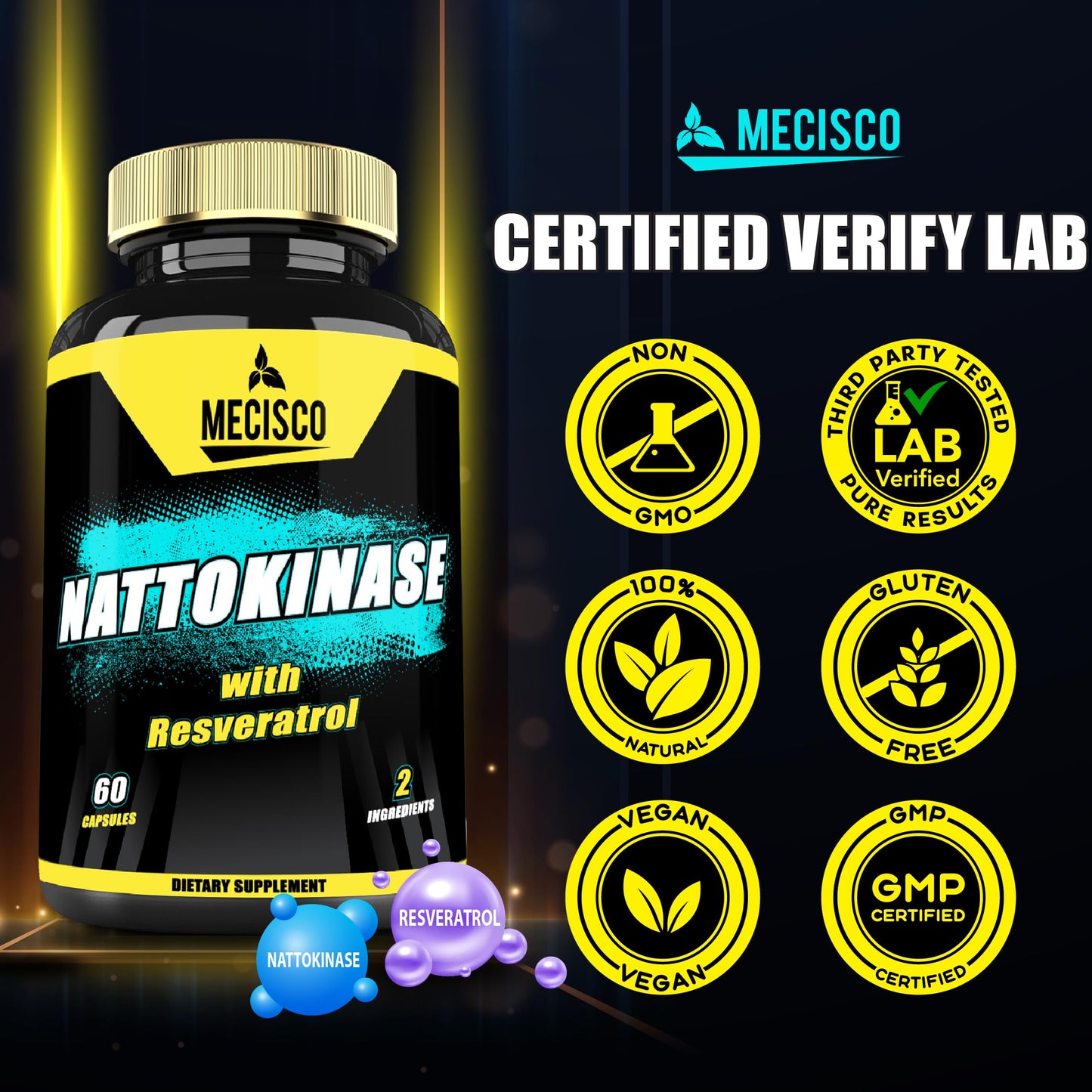 Mecisco Nattokinase Supplement with Trans-Resveratrol Capsules, 60 Count