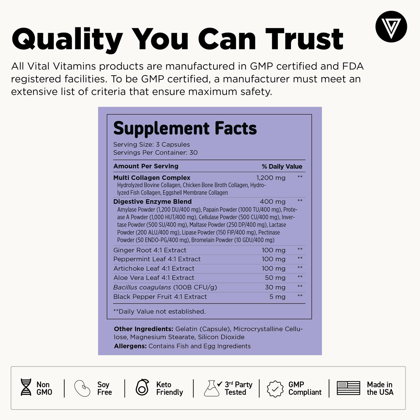Vital Vitamins Multi Collagen Complex Plus Gut, Probiotics & Enzymes Capsules 90 Count