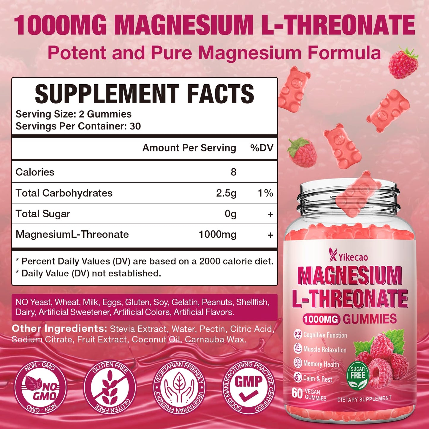 Yikecao Magnesium L-Threonate Gummies 1000mg, 60 Count