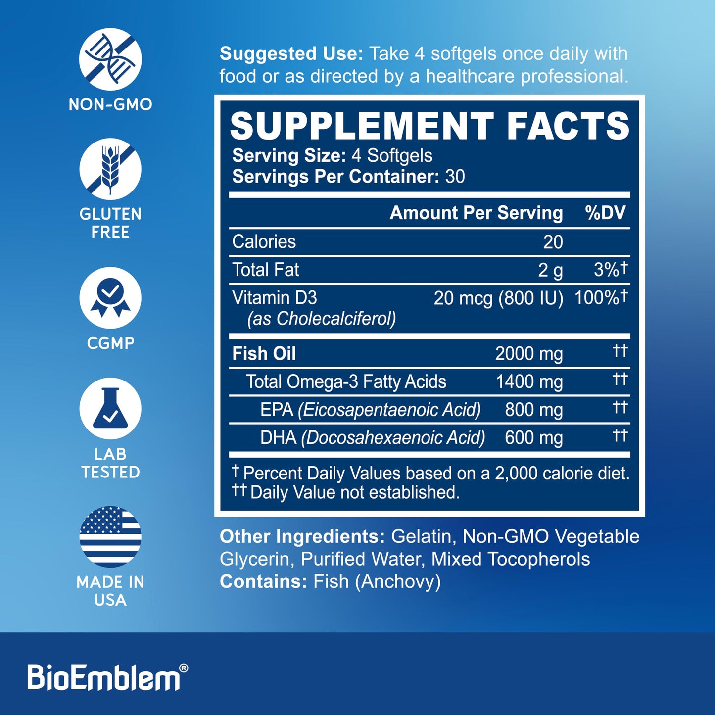 BioEmblem Omega-3 Fish Oil 2000mg Capsule, 120 Count