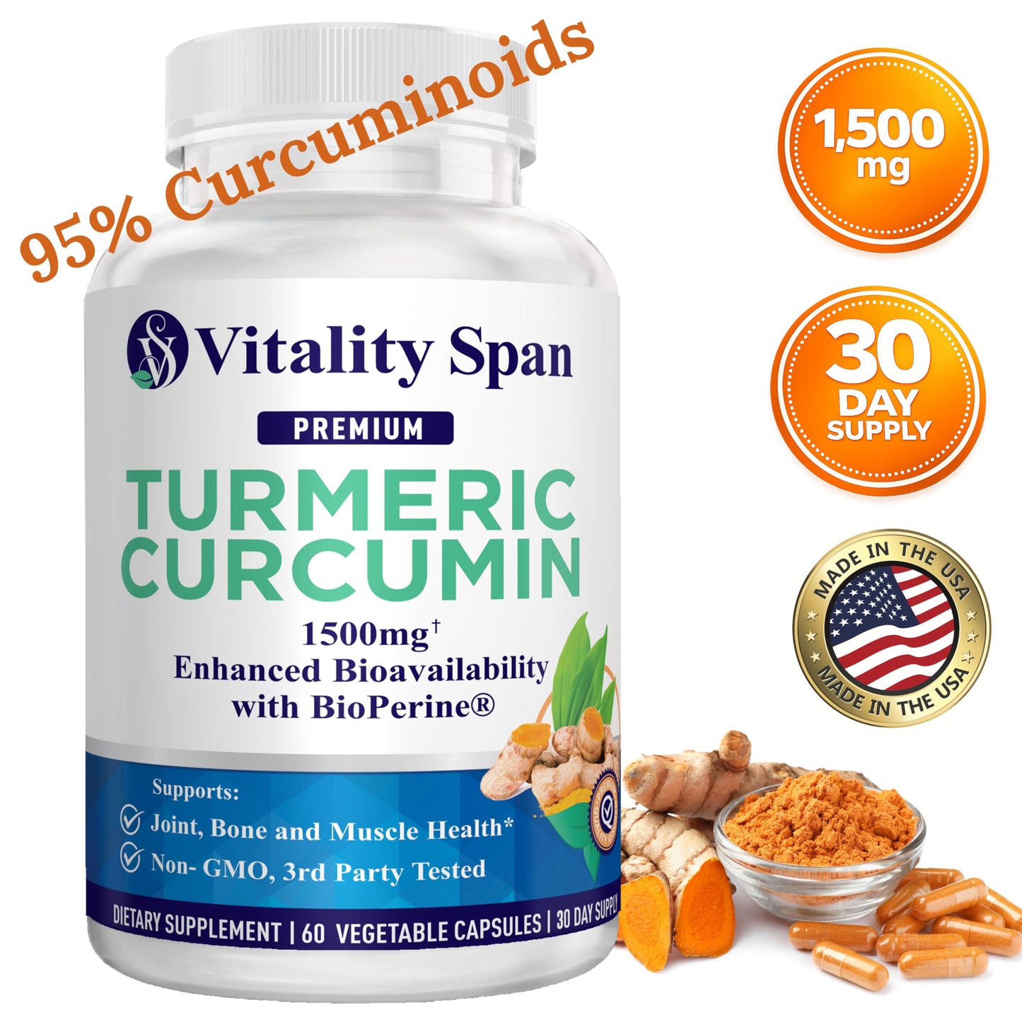 Vitality Span Turmeric Curcumin Supplement 1500mg – 95% Curcuminoids with 10mg BioPerine Black Pepper – High Absorption Antioxidant Support – Made in USA, 60 Capsules