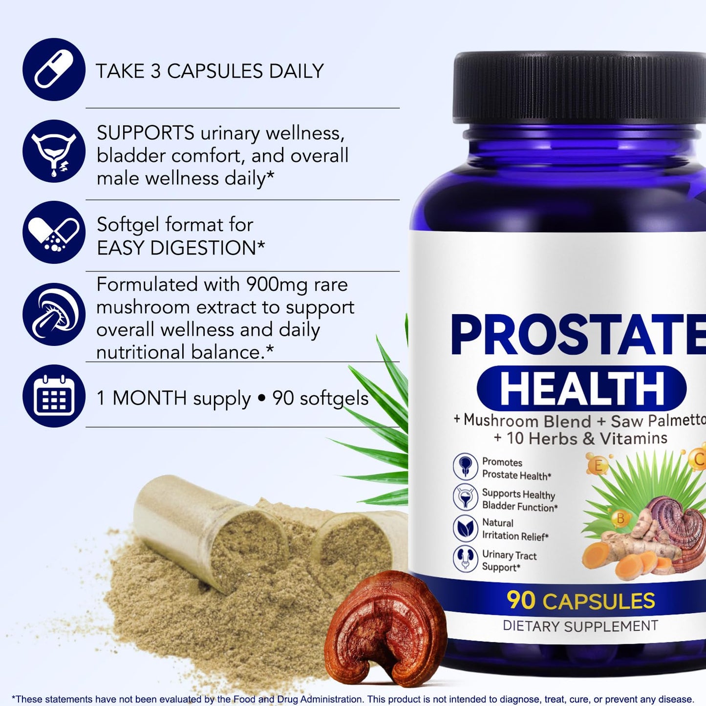Ruduwu Prostate Health Supplements for Men Saw Palmetto with Reishi & Nettle, Ashwagandha, 90 Capsules