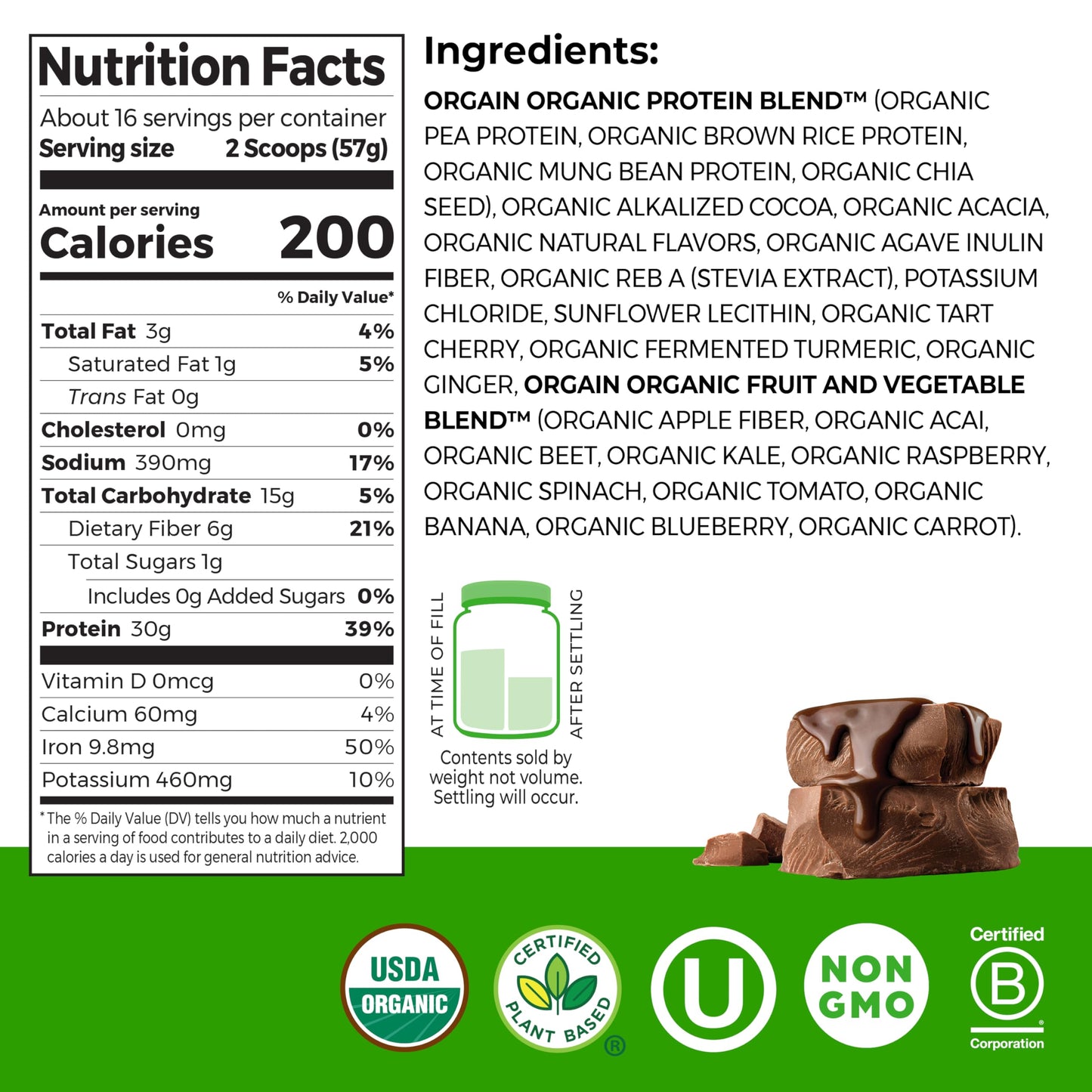 Orgain Organic 30g Vegan Protein Powder, Chocolate, 2.01 lb