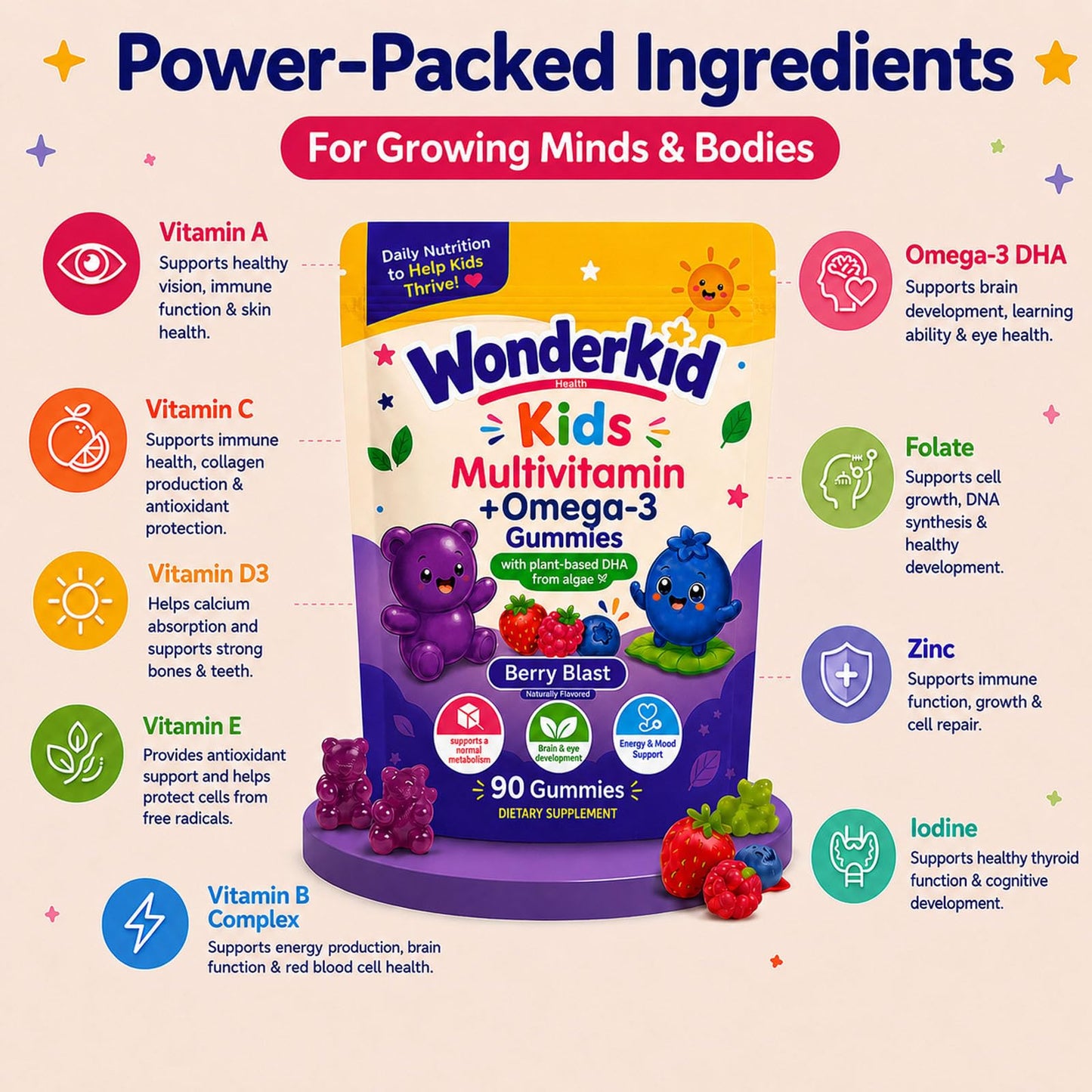 Velessa Organic Wonderkid Vitamin, Kids Multivitamin Gummies + Omega-3, 90 Count