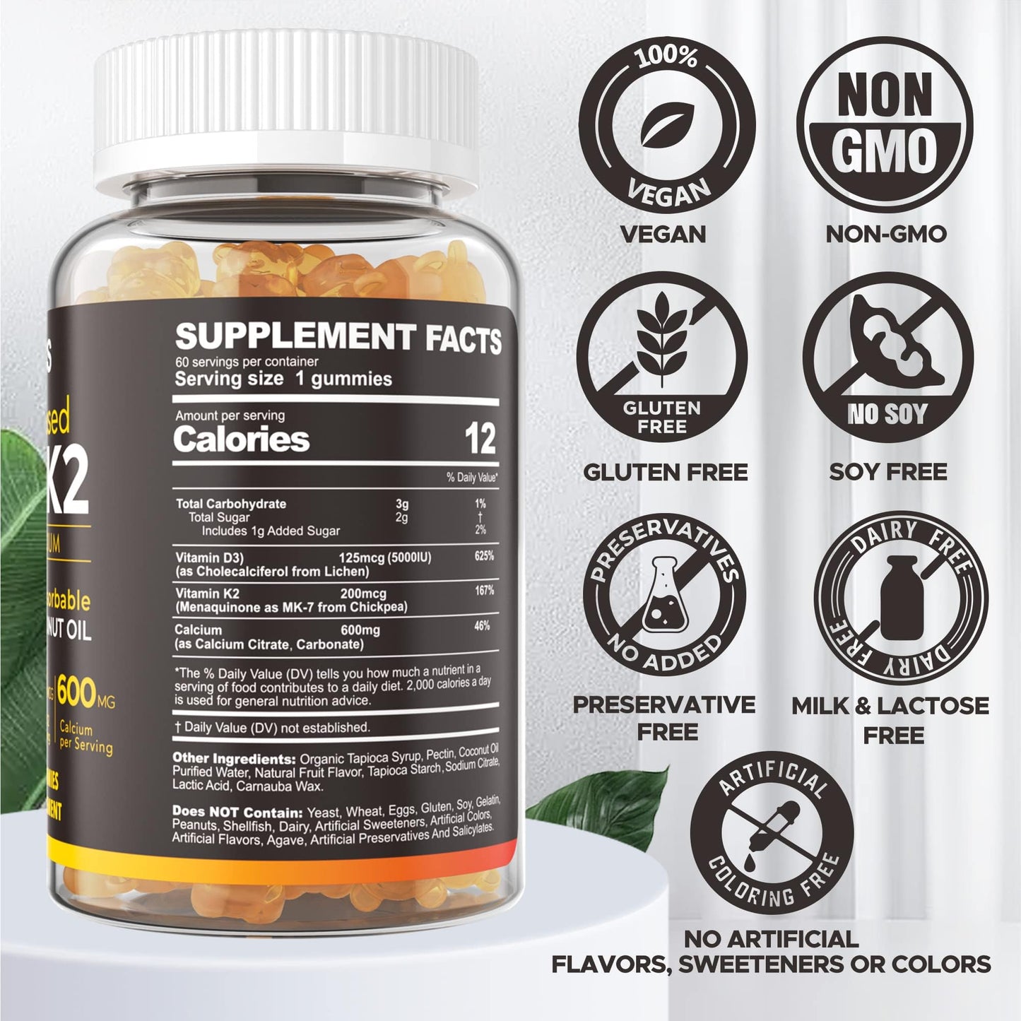 NEVISS Sugar Free L-Tyrosine L-Theanine Gummies 120 Counts + Sugar Free D3 5000IU K2 Gummies 120 Counts