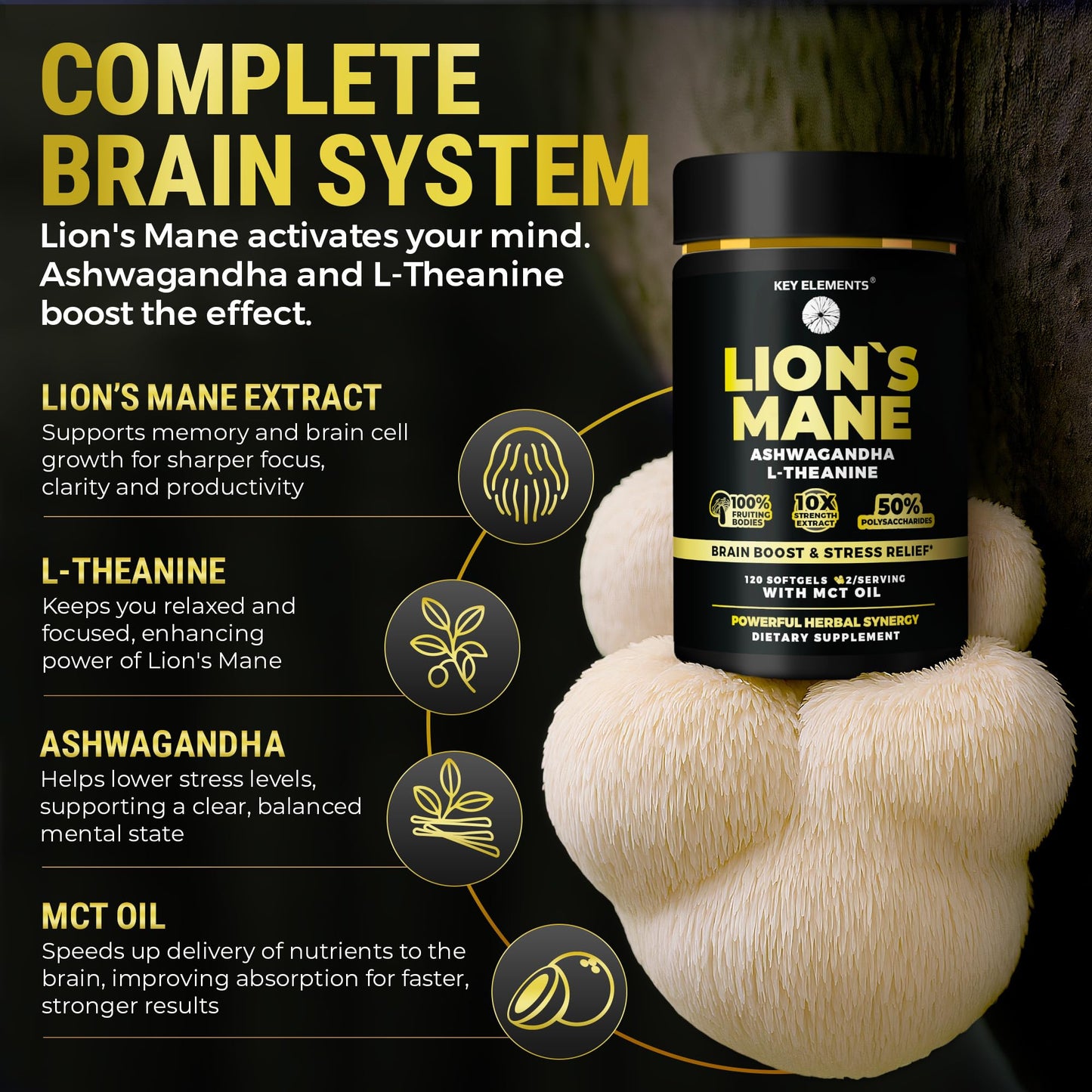 KEY ELEMENTS Lions Mane Organic Mushroom Supplement Softgels, 120 Count