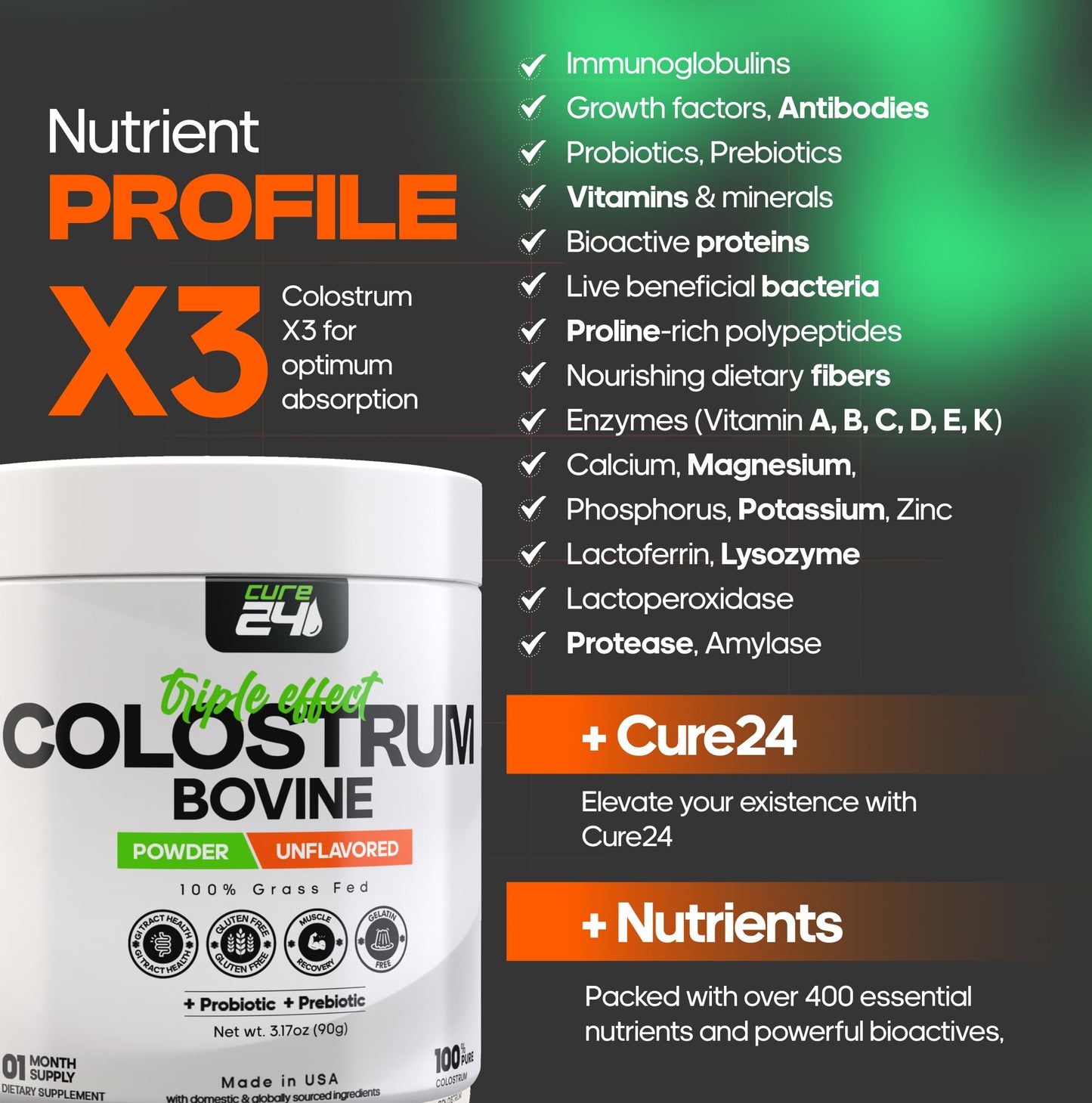 Cure24 Bovine Colostrum X3 Supplement Powder 3.17 Ounce