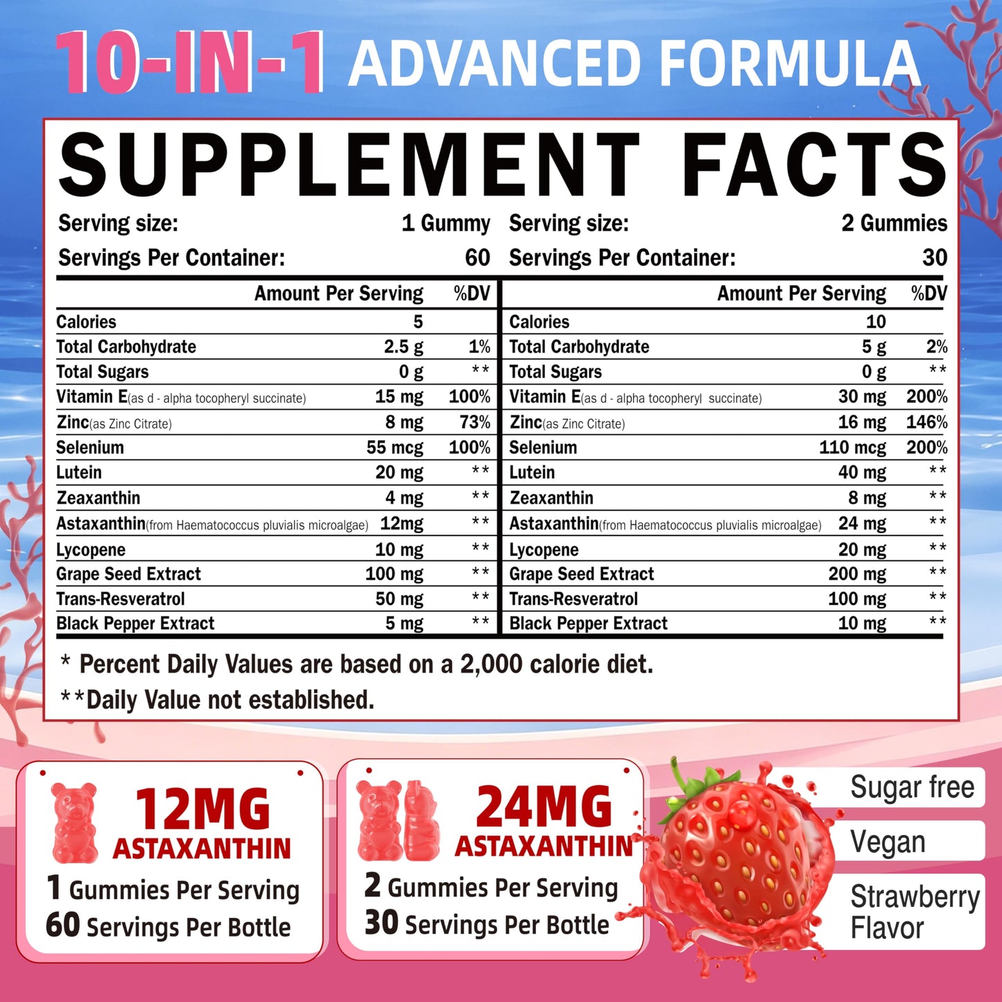 SUGAWITA Astaxanthin Gummies 12mg/24mg 10-in-1 Antioxidant with Lutein & Resveratrol, Vegan, 60 Count