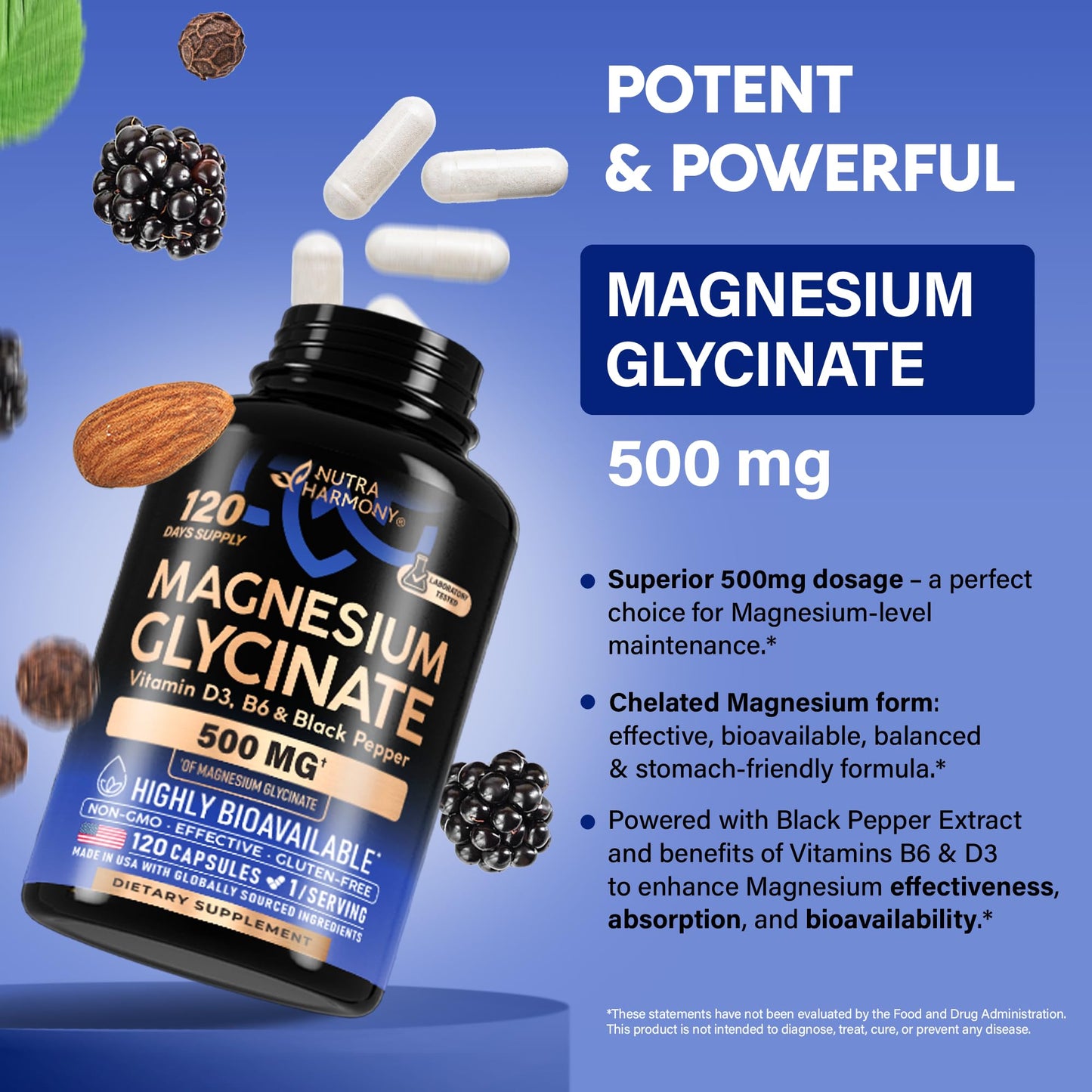 NUTRAHARMONY Magnesium Glycinate 500 mg Capsule, 120 Count