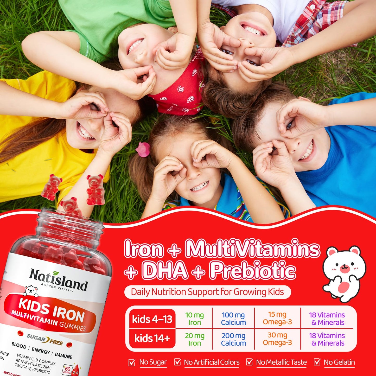 NATISLAND Iron Gummies for Kids & Teens, Blood Builder & Energy, Gummy, 60 Count