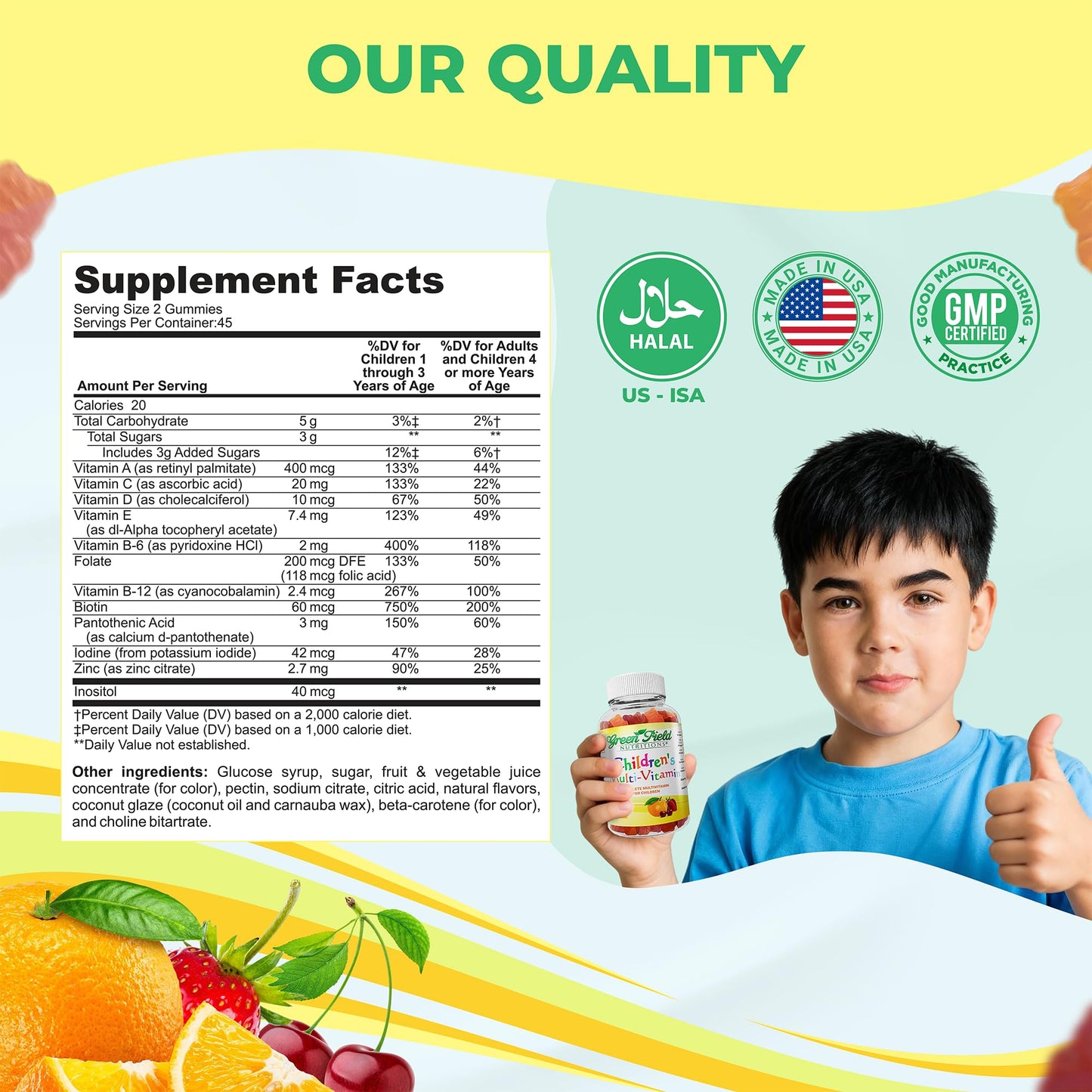 GREEN FIELD NUTRITIONS Halal Multivitamin for Kids Gelatin-Free Halal Kids Multivitamin Gummies with Vitamins A, B, C, D, Iodine & Zinc for Immunity – Essential Vitamins for Children Gummy 90 Count