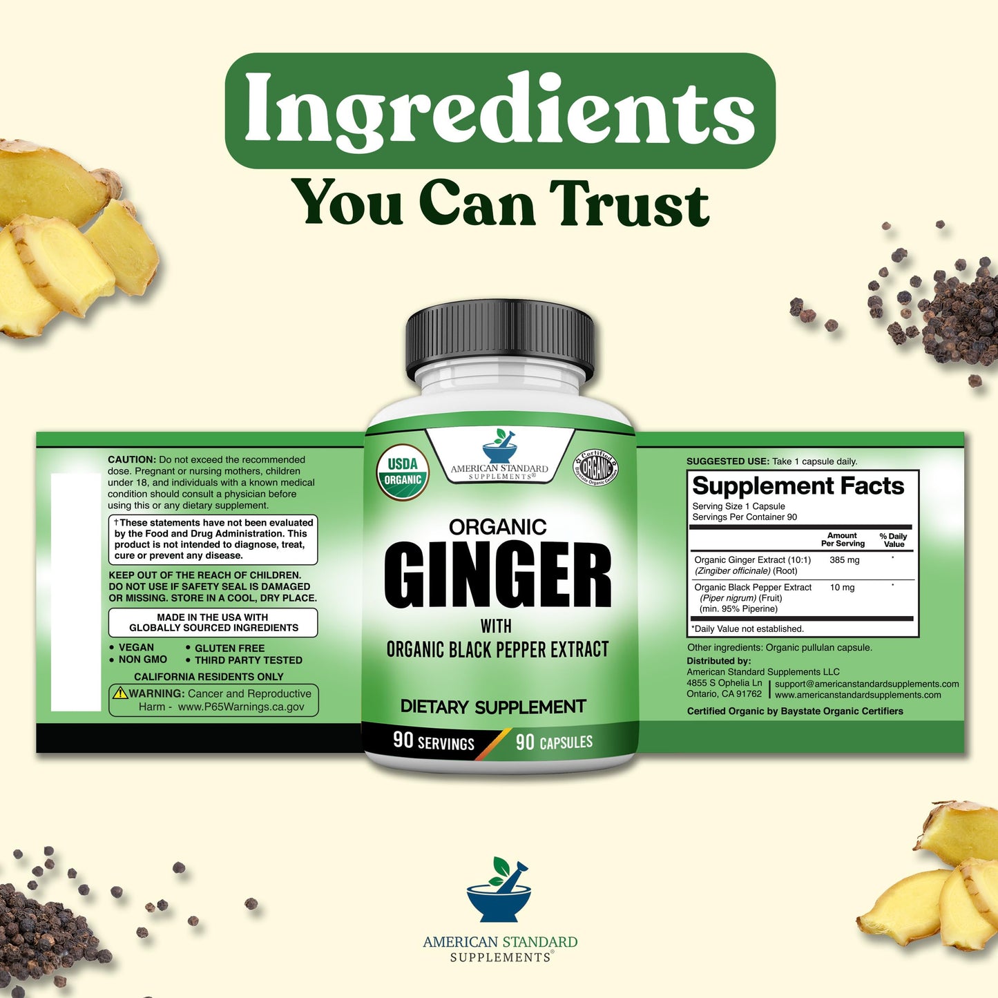 American Standard Supplements Organic Ginger Extract with Organic Black Pepper Extract 90 Capsules