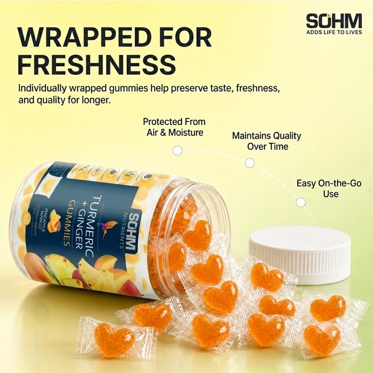 SOHM Turmeric Ginger Gummies for Joint Support, Skin Health & Daily Wellness, 60 Gummies