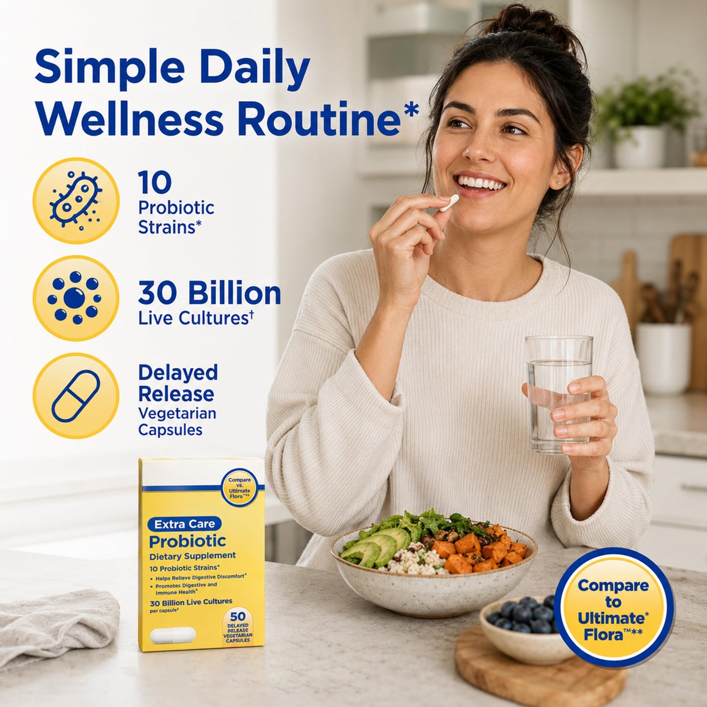 Bio360 Equate Extra Care Multi Strain Probiotic Capsules-30 Billion CFU-10 Strains 50 Count