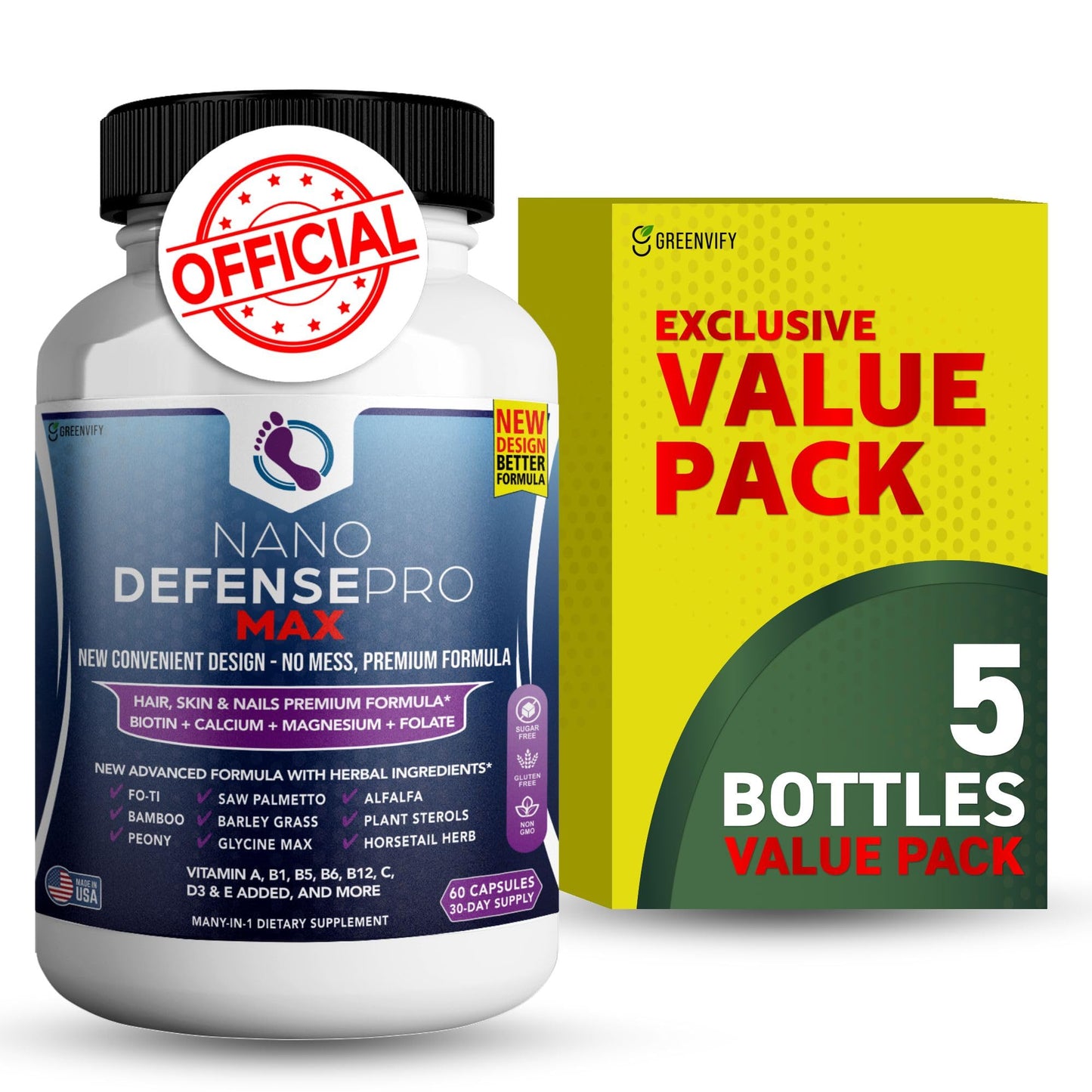 GREENVIFY Nano Defense Pro Max Hair Skin and Nails Supplement Biotin Calcium Magnesium Complex Capsules, 300