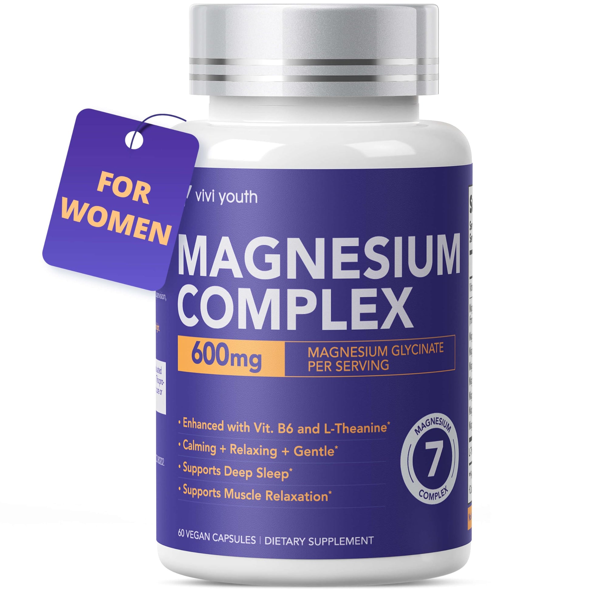 VIVI Youth Magnesium 7 Complex for Women 1600mg Magnesium Glycinate 600mg High Absorption Magnesium with Citrate, Malate, Chelate, Taurate, Gluconate, Aspartate & Ascorbate for Sleep 60 Capsules
