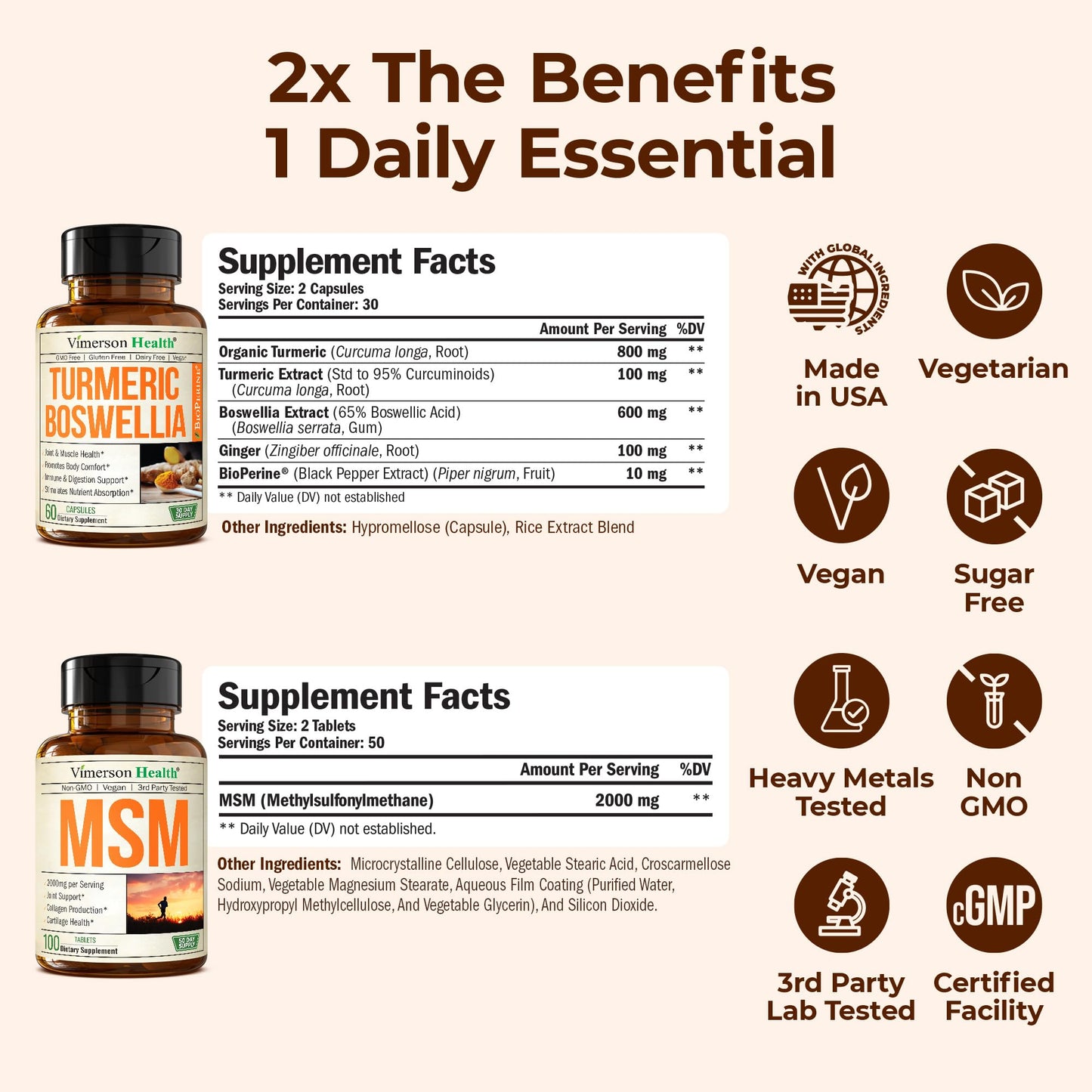 Vimerson Health Boswellia Turmeric Curcumin Supplement + MSM 2000mg Capsules, 160 Count