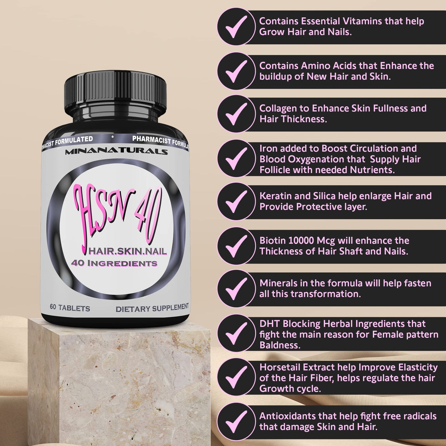 MINANATURALS Hair Skin and Nails Growth Vitamins for Women with Biotin 10000 mcg, Keratin, Collagen for Thicker, Stronger Hair, Tight, Smooth and Soft Skin, Healthy Nails, 60 Tablets