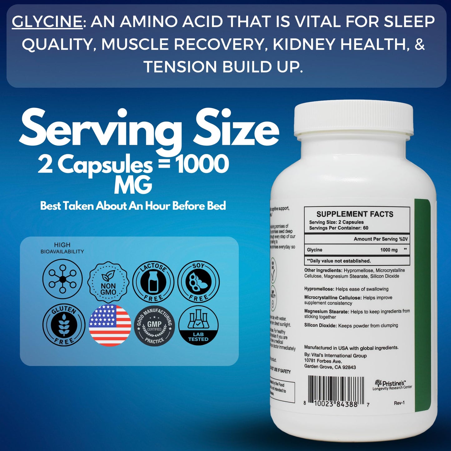PRISTINE'S Glycine 1000mg Amino Acid Capsules, Sleep Support, Vegan, 120 Count
