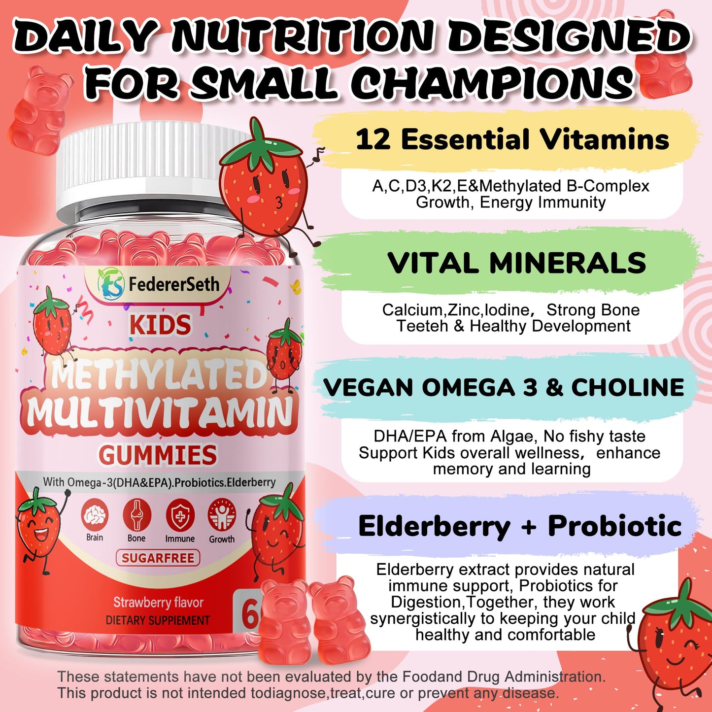 FedererSeth Methylated Multivitamin Gummies for Kids & Teens with Omega-3, Methylfolate & B12, Calcium, Probiotics, Elderberry - 60 Gummies