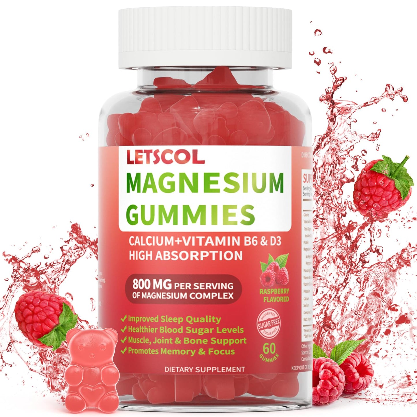 LETSCOL Magnesium Glycinate Gummies 800mg per Serving, 60 Count
