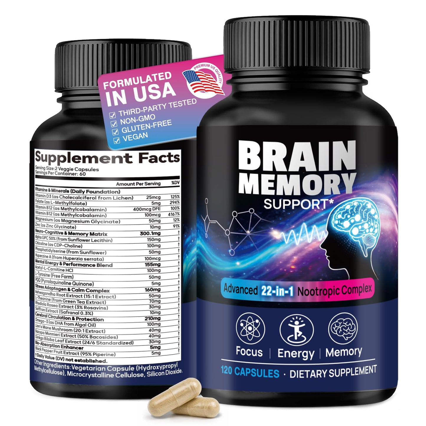 Yelvoneth 22-in-1 Brain Supplements for Memory and Focus with Ginkgo Biloba, Citicoline, Lion's Mane, Phosphatidylserine & PQQ, 60 Capsules