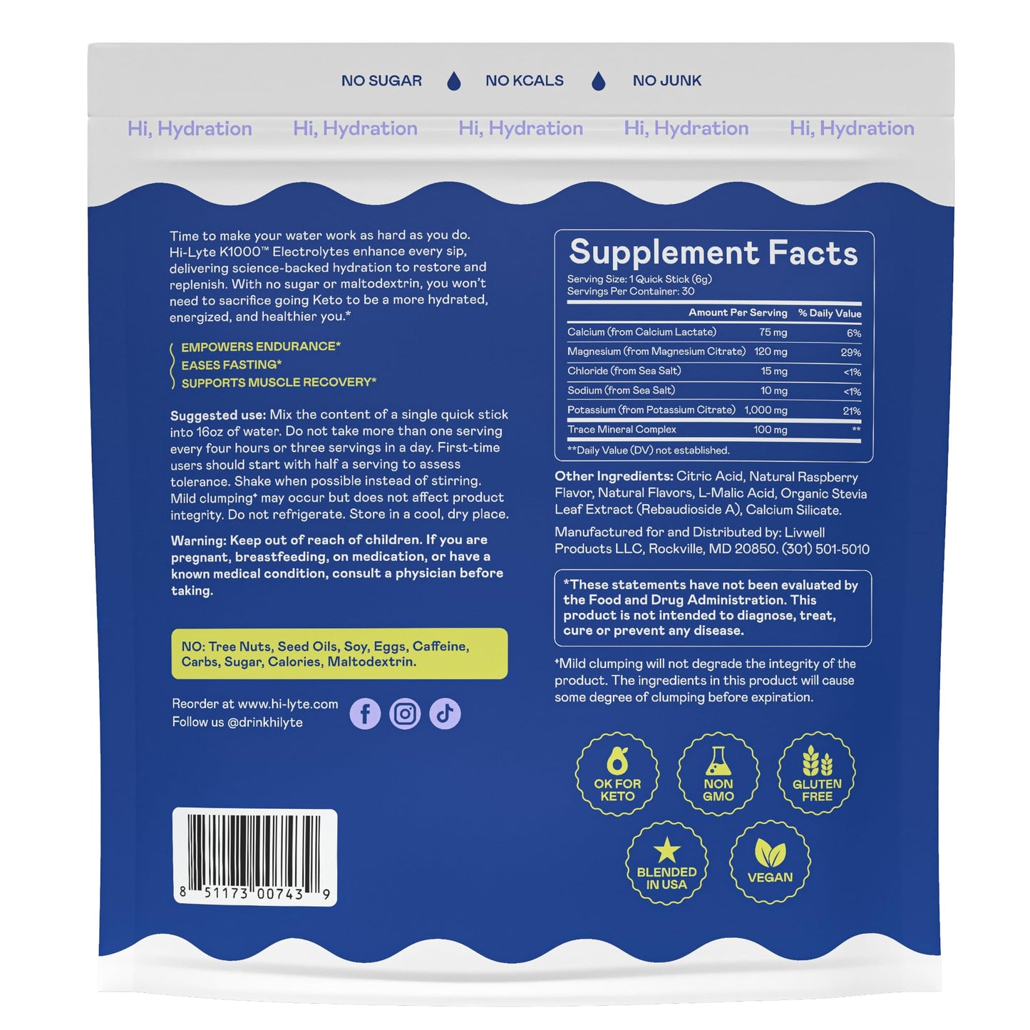 Hi-Lyte K1000 Blue Raspberry Electrolytes Powder Packets, 30 Servings