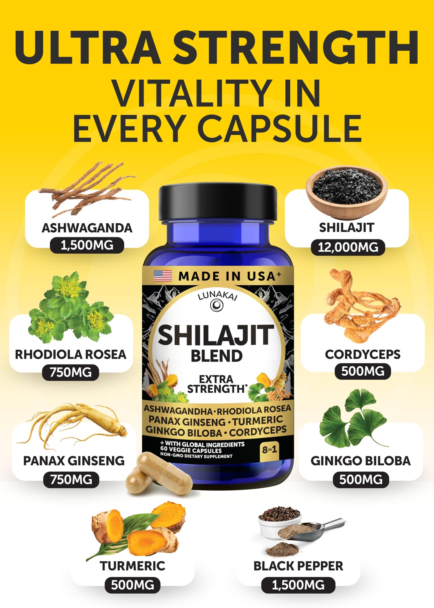 Lunakai USA Made 12000mg Pure Himalayan Shilajit for Men & Women Capsules, 60 Count
